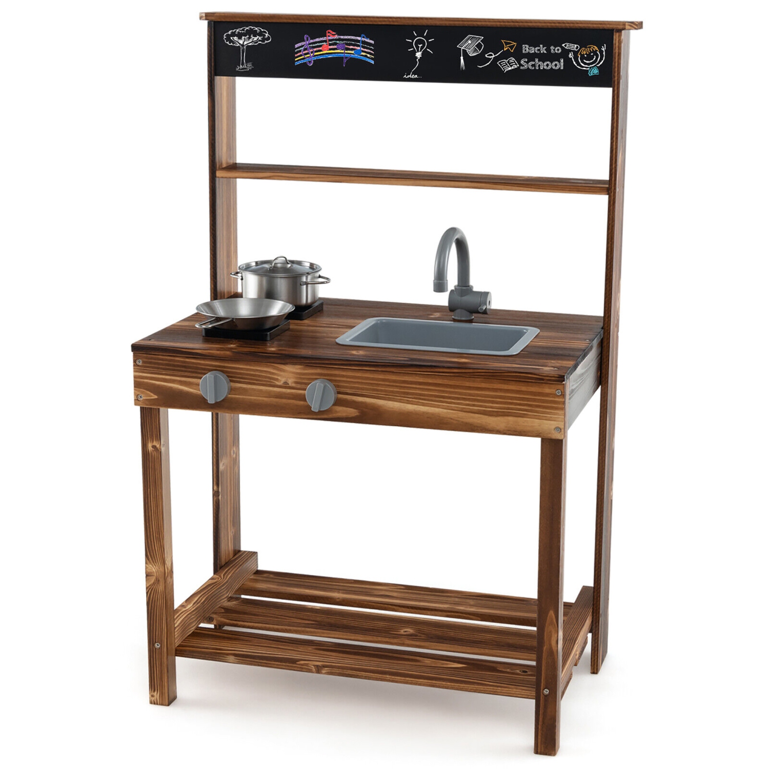 Gymax Kids Mud Kitchen Play Kitchen w/ Blackboard Stoves Removable Sink Natural