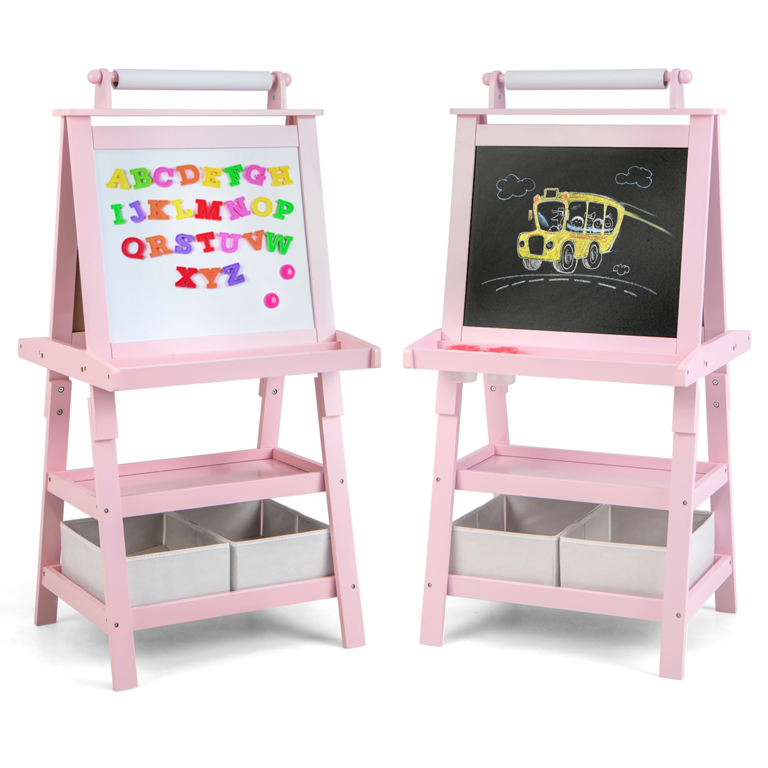 Gymax 3 in 1 Double-Sided Storage Art Easel w/Paint Cups for Kid Writing Teal Frosting Pink