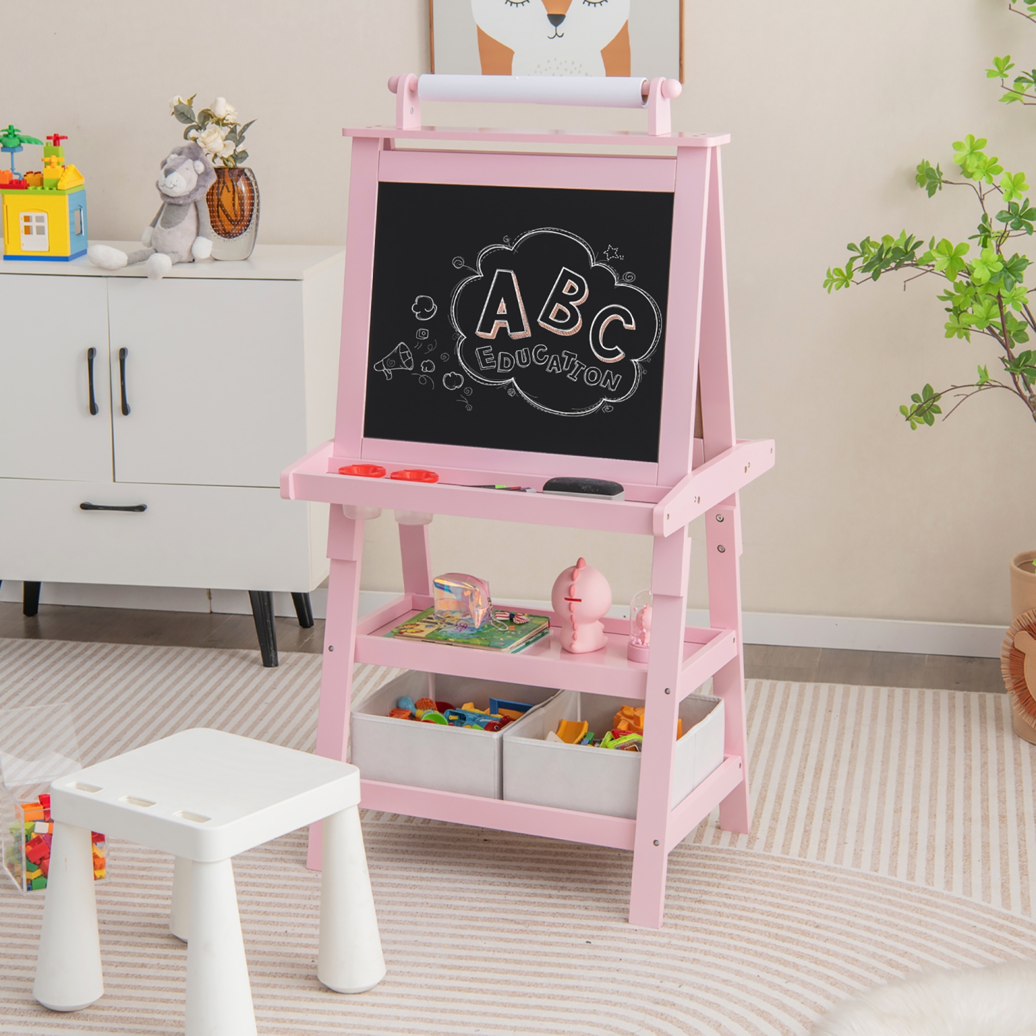 Gymax 3 in 1 Double-Sided Storage Art Easel w/Paint Cups for Kid Writing Teal Frosting Pink