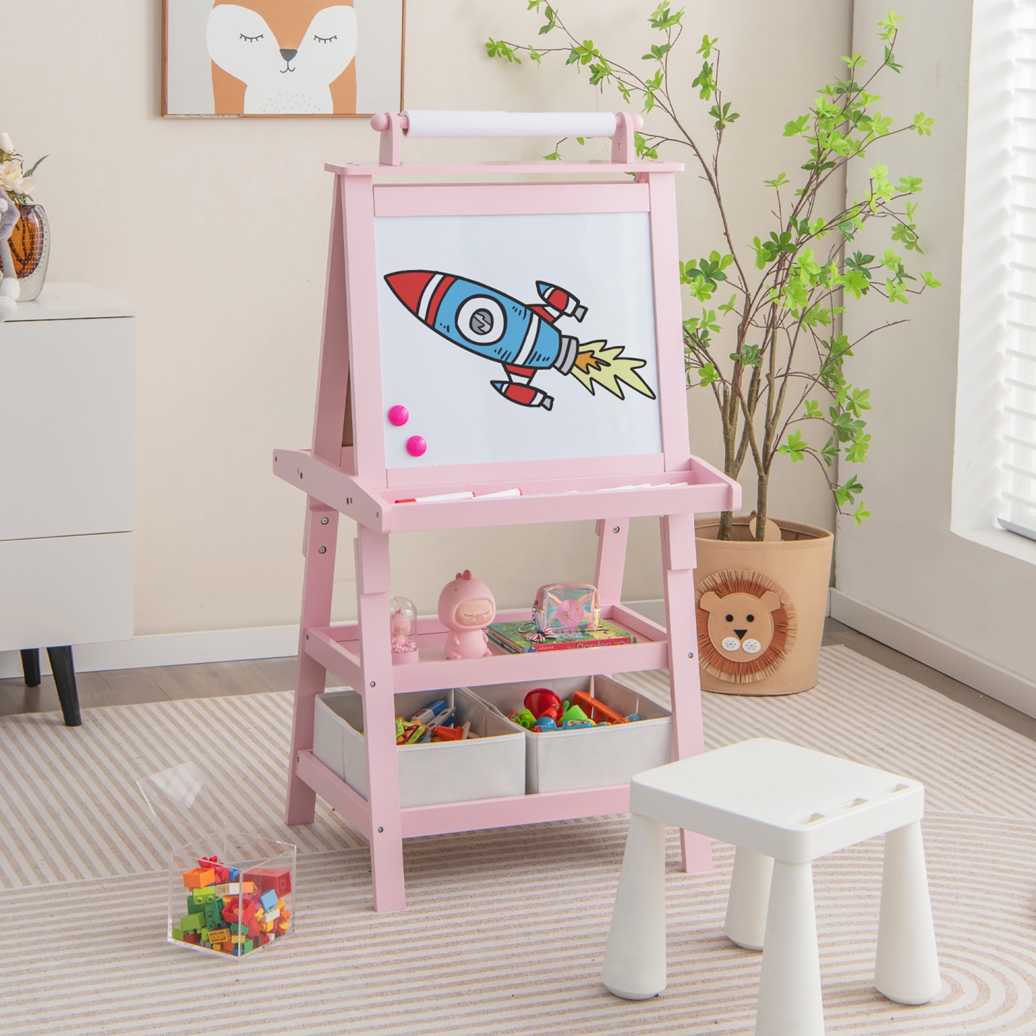 Gymax 3 in 1 Double-Sided Storage Art Easel w/Paint Cups for Kid Writing Teal Frosting Pink