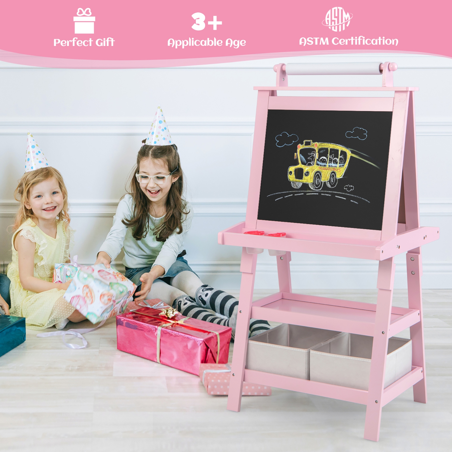 Gymax 3 in 1 Double-Sided Storage Art Easel w/Paint Cups for Kid Writing Teal Frosting Pink