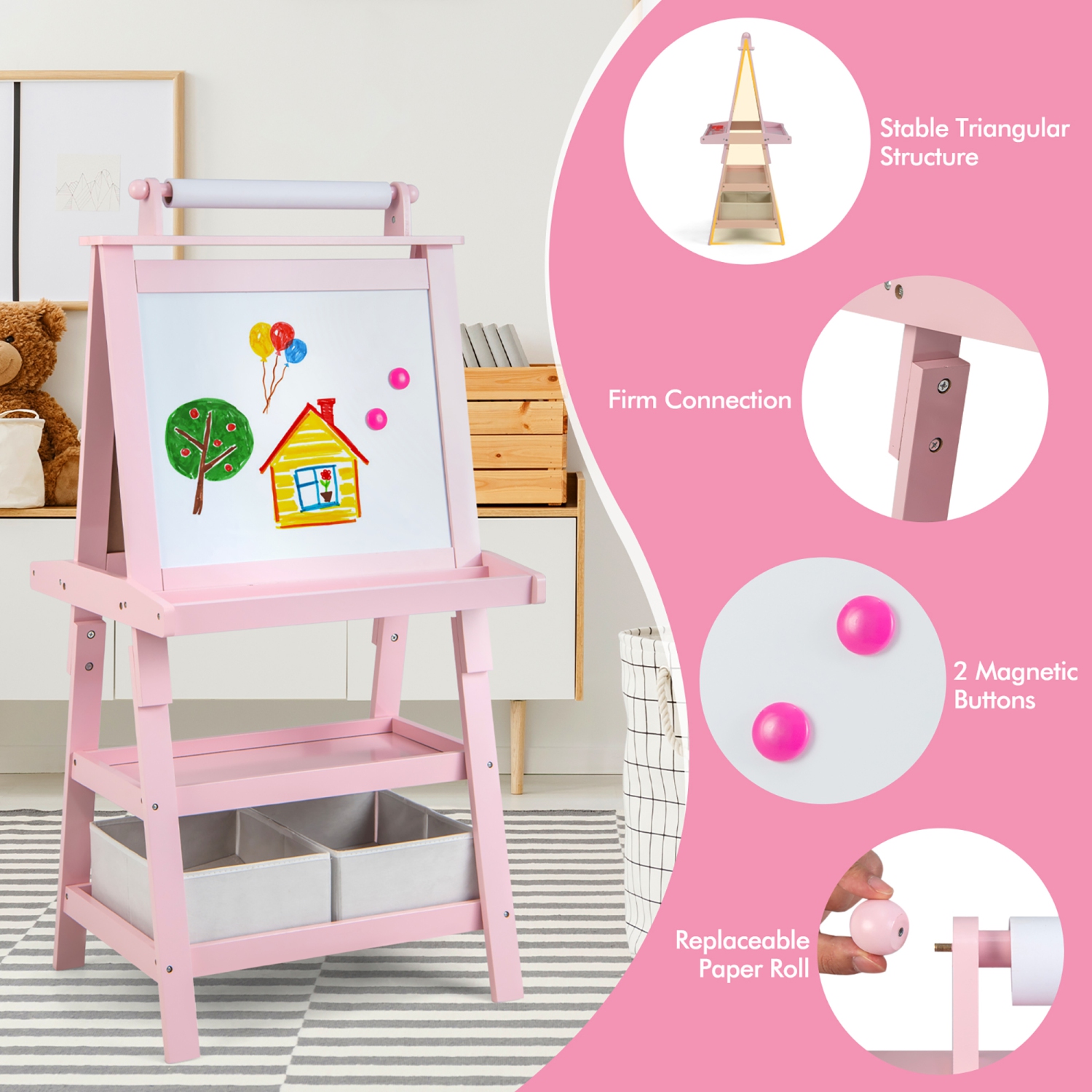 Gymax 3 in 1 Double-Sided Storage Art Easel w/Paint Cups for Kid Writing Teal Frosting Pink