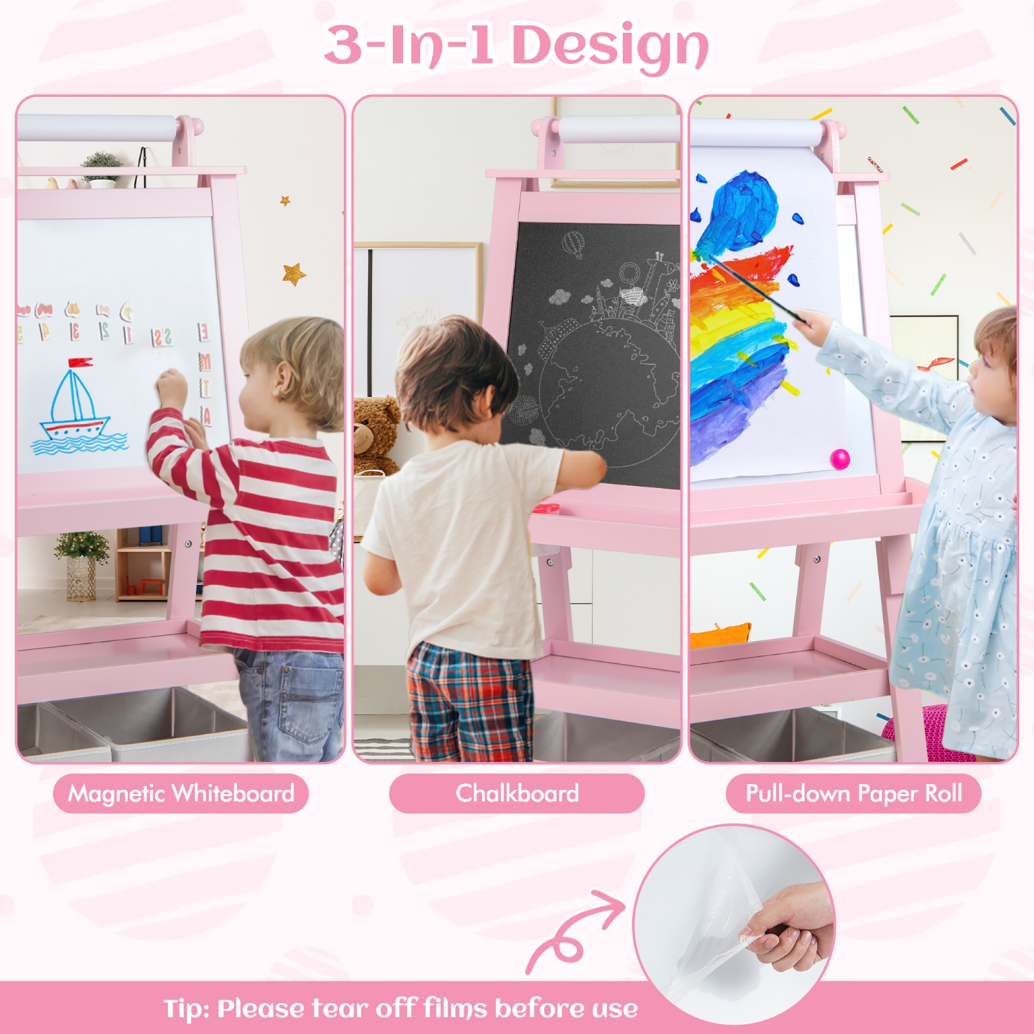 Gymax 3 in 1 Double-Sided Storage Art Easel w/Paint Cups for Kid Writing Teal Frosting Pink
