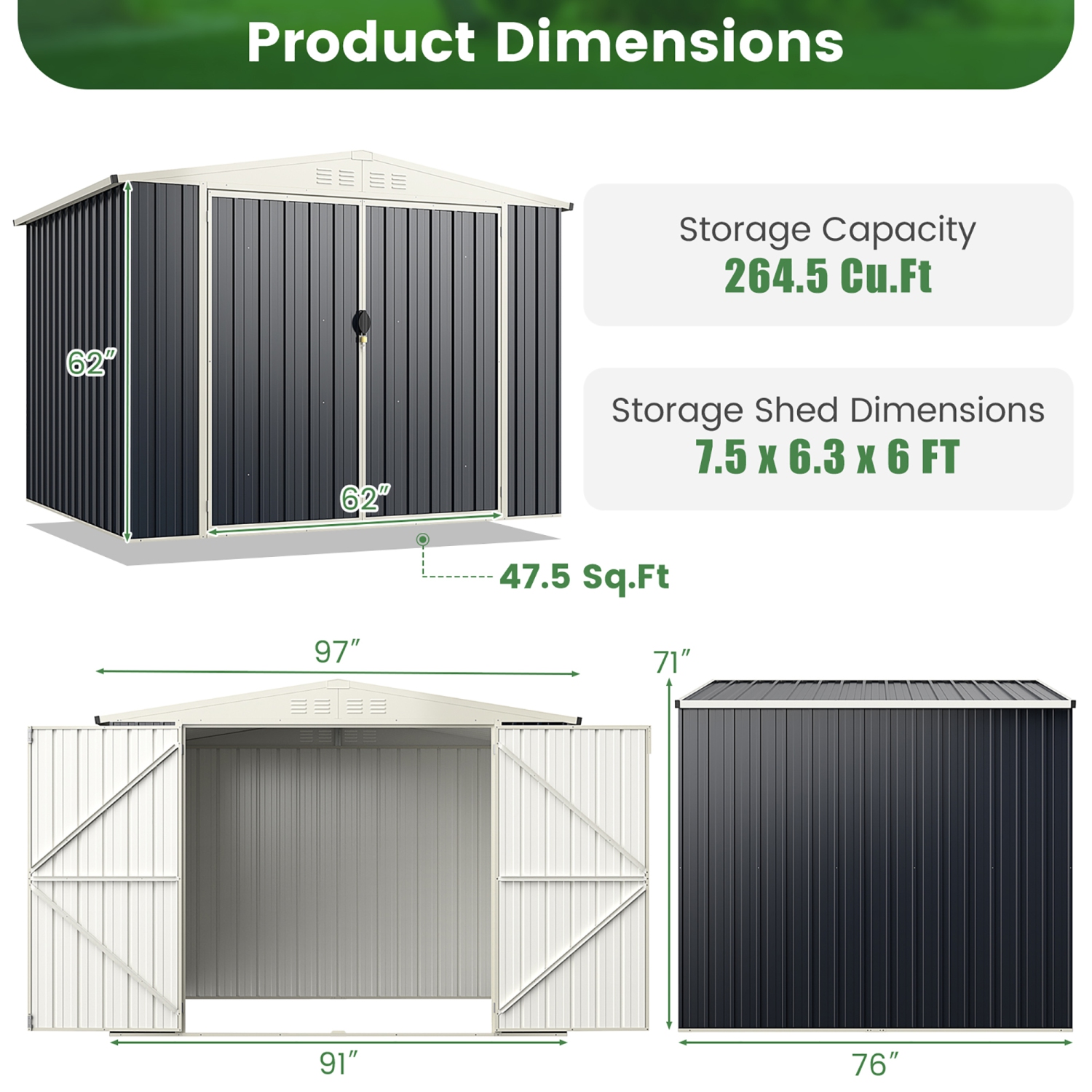 Gymax 8 x 6.3 FT Metal Outdoor Storage Shed w/ Lockable Door Pitched Tool Shed Roof