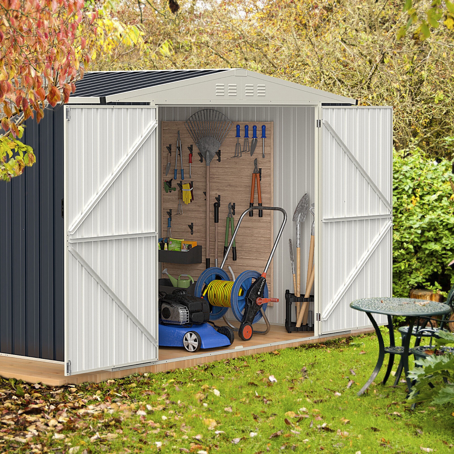 Gymax 8 x 6.3 FT Metal Outdoor Storage Shed w/ Lockable Door Pitched Tool Shed Roof