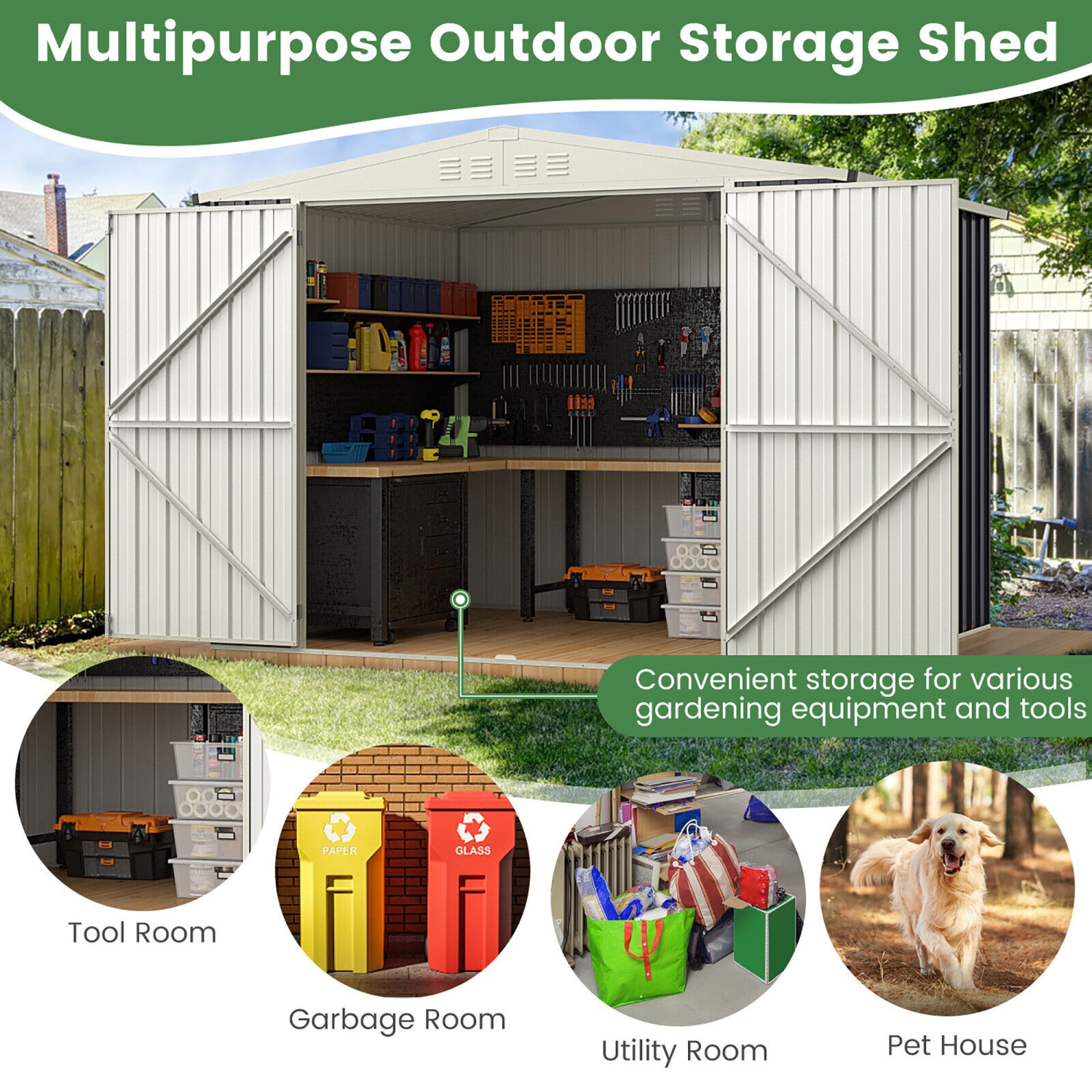 Gymax 8 x 6.3 FT Metal Outdoor Storage Shed w/ Lockable Door Pitched Tool Shed Roof