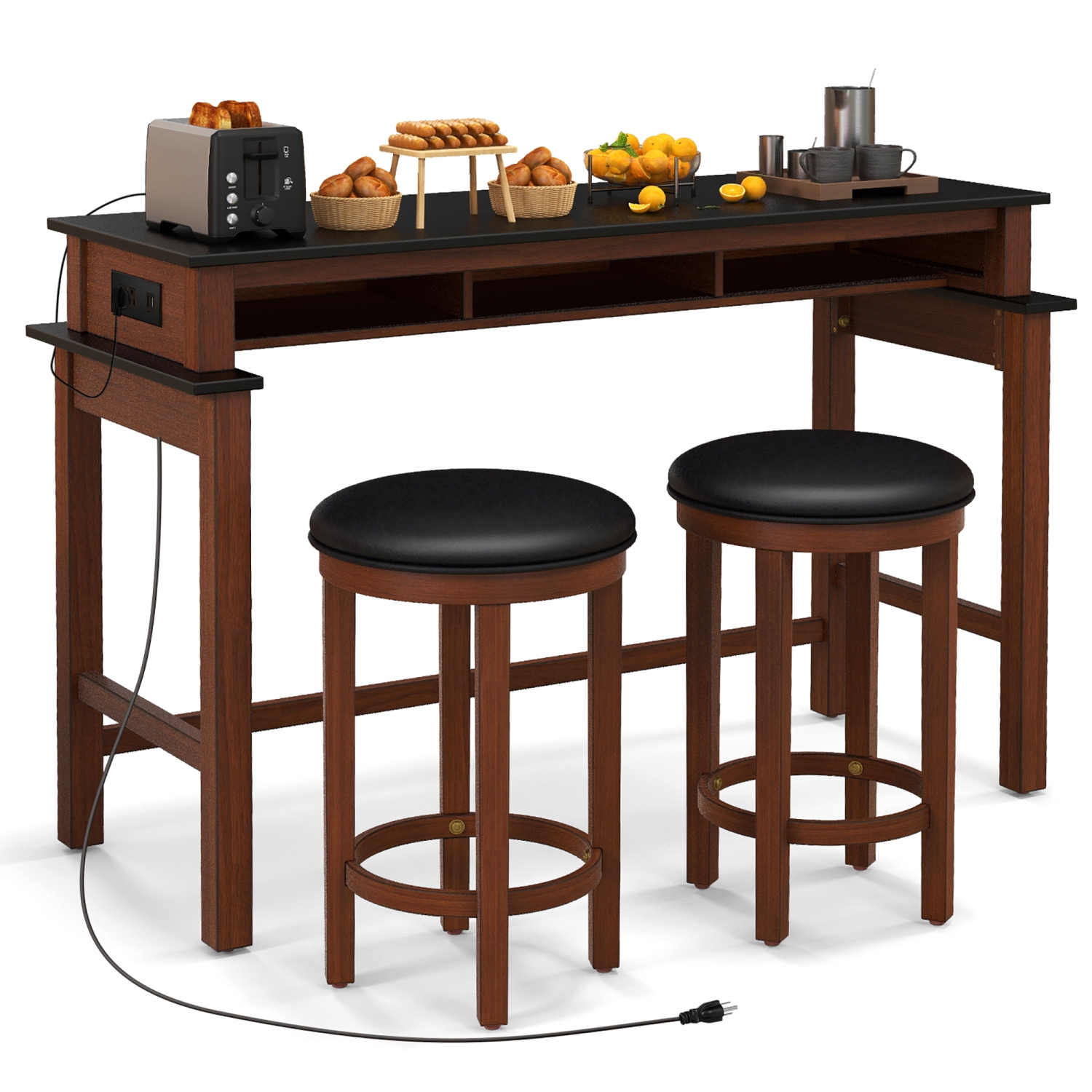Gymax 3-Piece Home Bar Set Counter Height Bar Table w/ 2 Upholstered Bar Stools Black & Walnut
