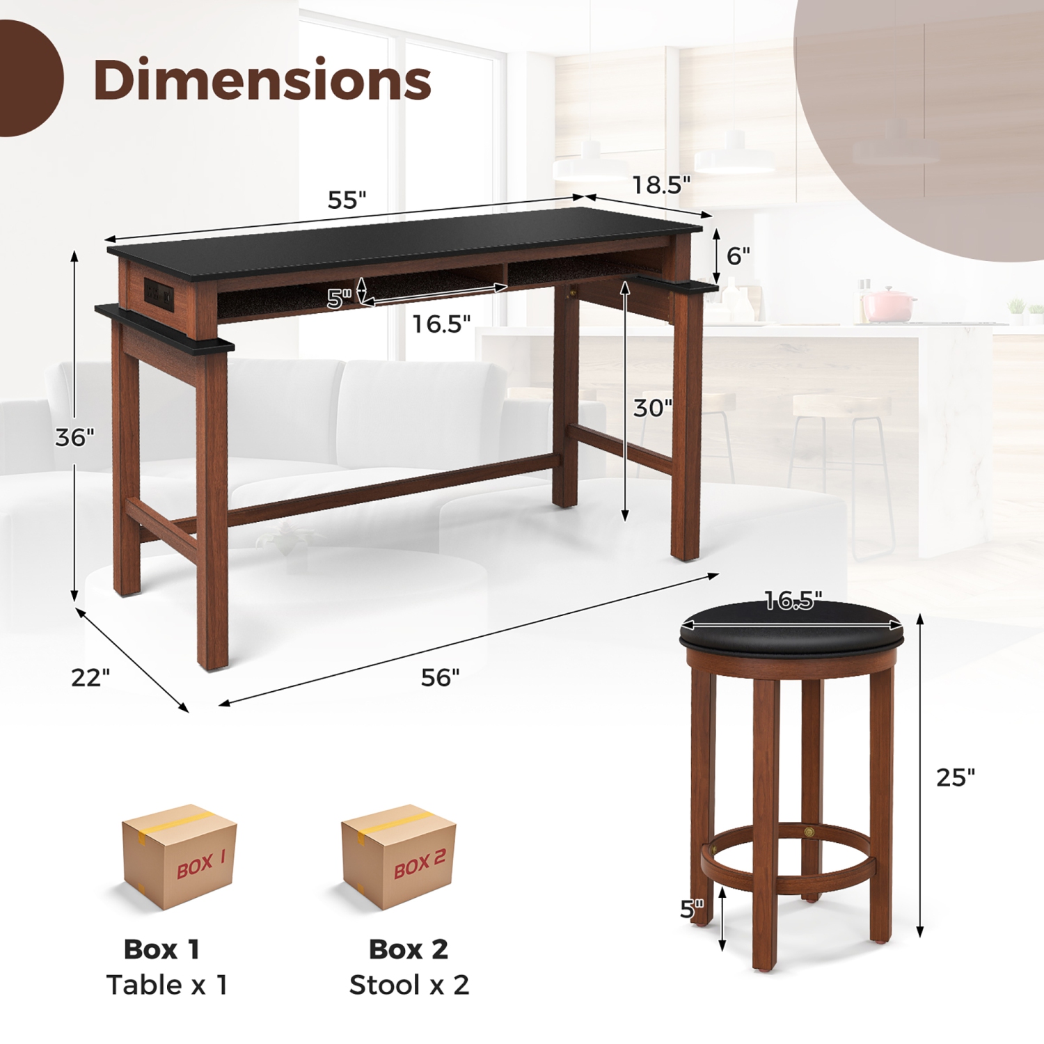 Gymax 3-Piece Home Bar Set Counter Height Bar Table w/ 2 Upholstered Bar Stools Black & Walnut