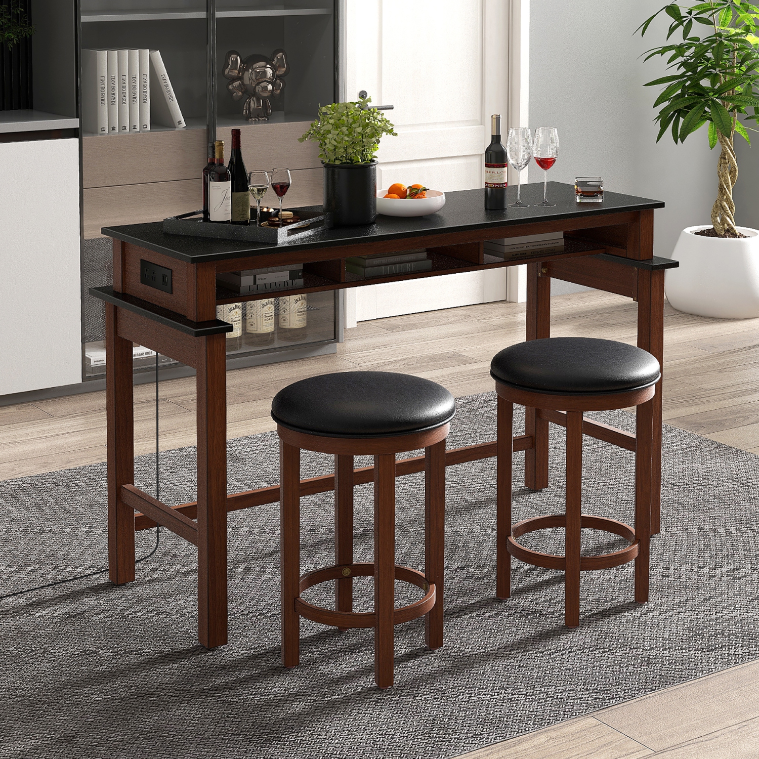 Gymax 3-Piece Home Bar Set Counter Height Bar Table w/ 2 Upholstered Bar Stools Black & Walnut