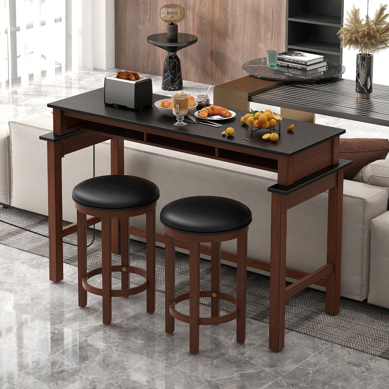 Gymax 3-Piece Home Bar Set Counter Height Bar Table w/ 2 Upholstered Bar Stools Black & Walnut