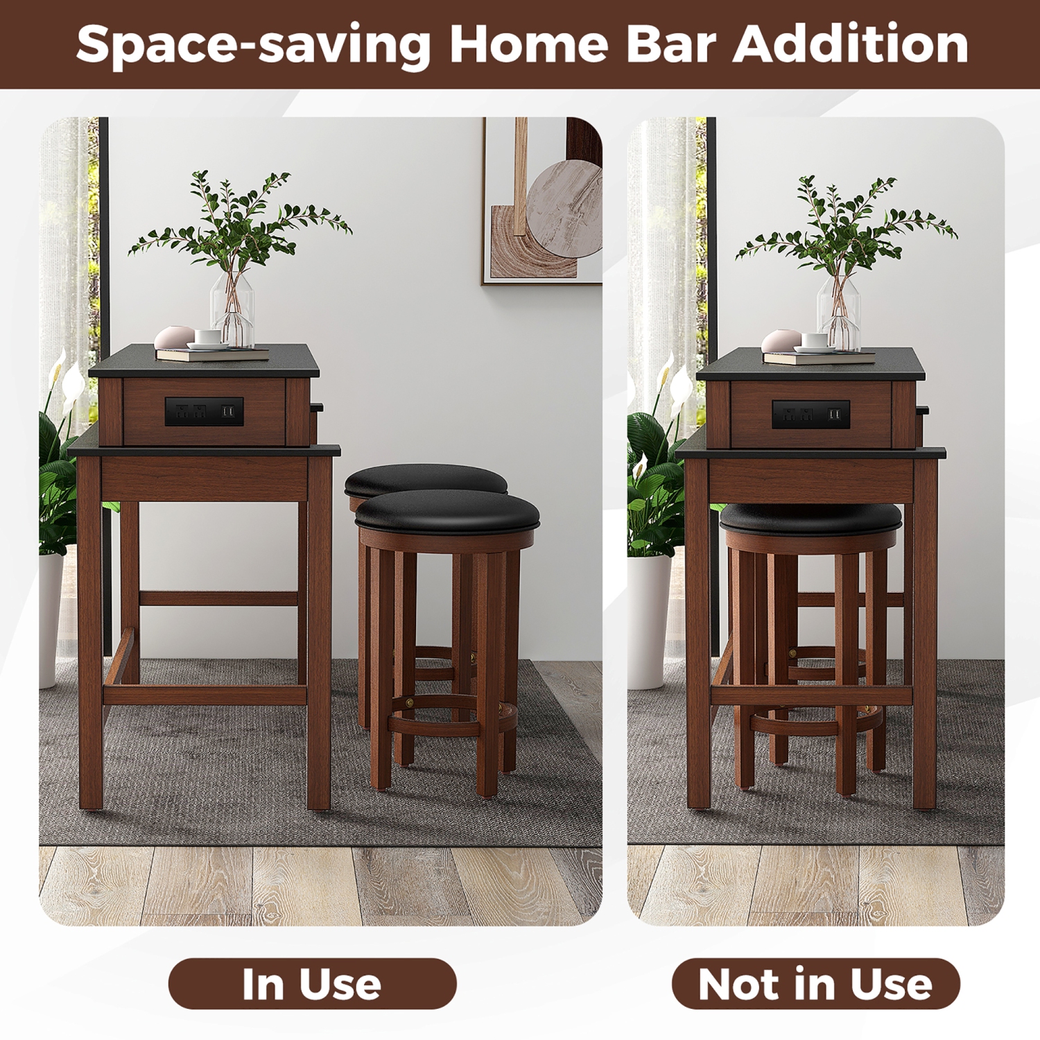Gymax 3-Piece Home Bar Set Counter Height Bar Table w/ 2 Upholstered Bar Stools Black & Walnut
