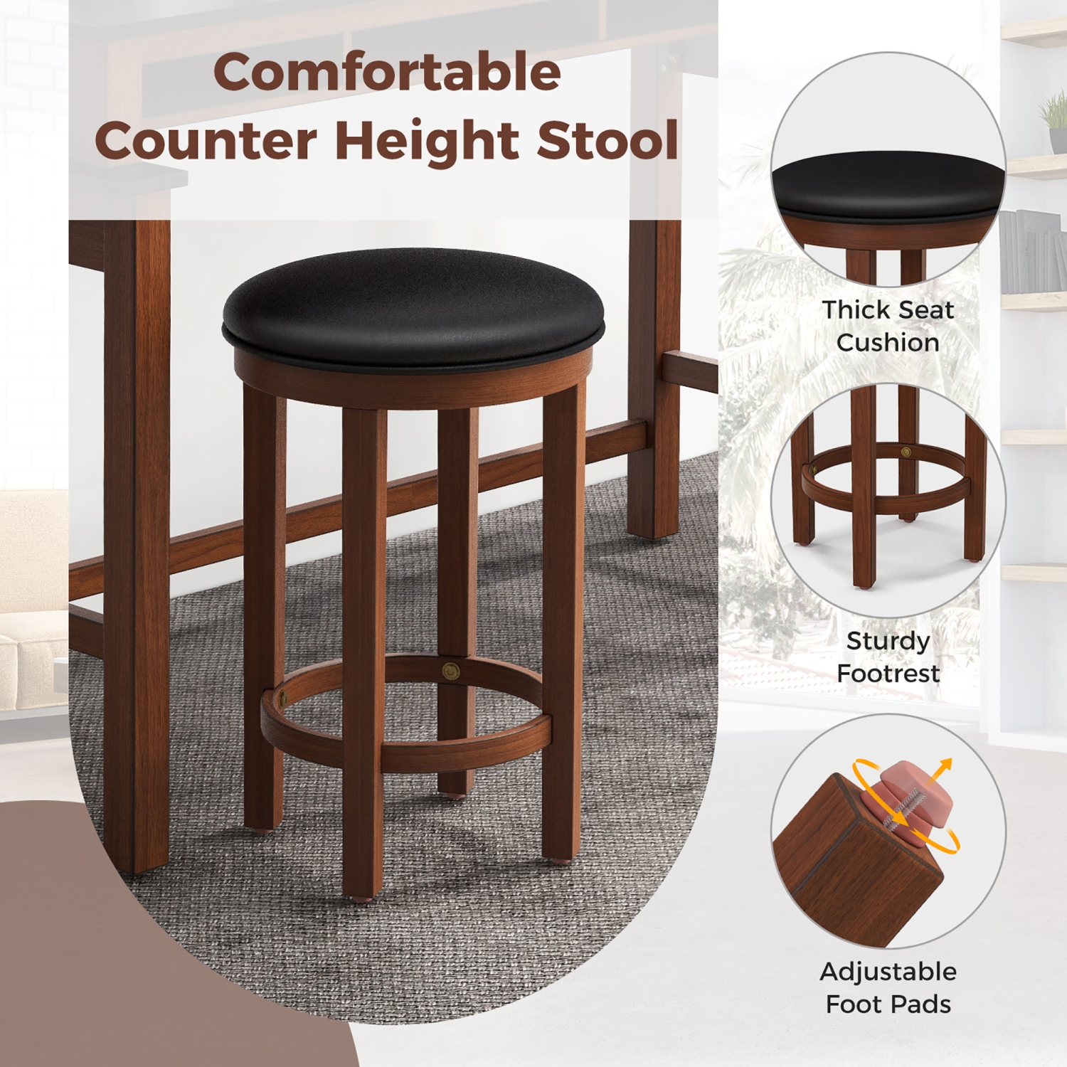 Gymax 3-Piece Home Bar Set Counter Height Bar Table w/ 2 Upholstered Bar Stools Black & Walnut