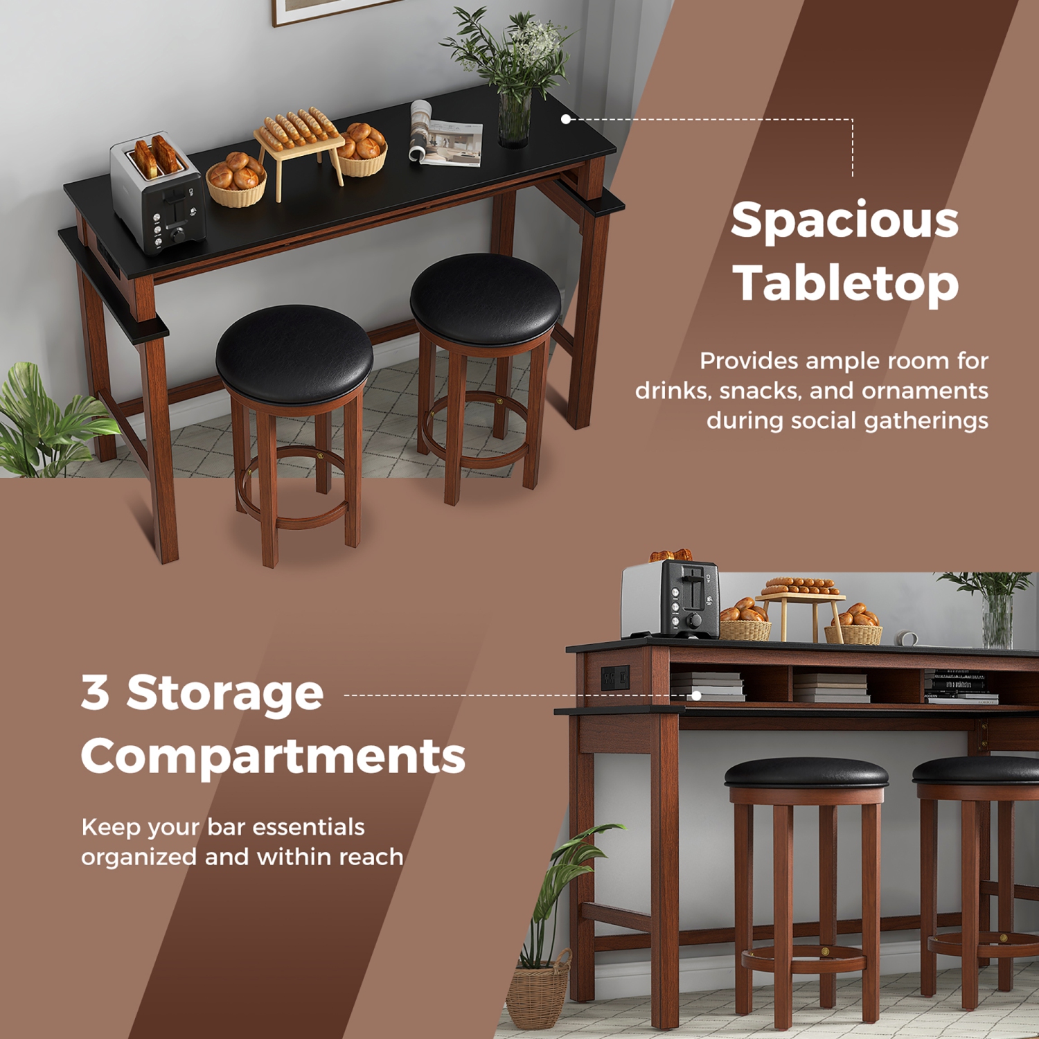 Gymax 3-Piece Home Bar Set Counter Height Bar Table w/ 2 Upholstered Bar Stools Black & Walnut