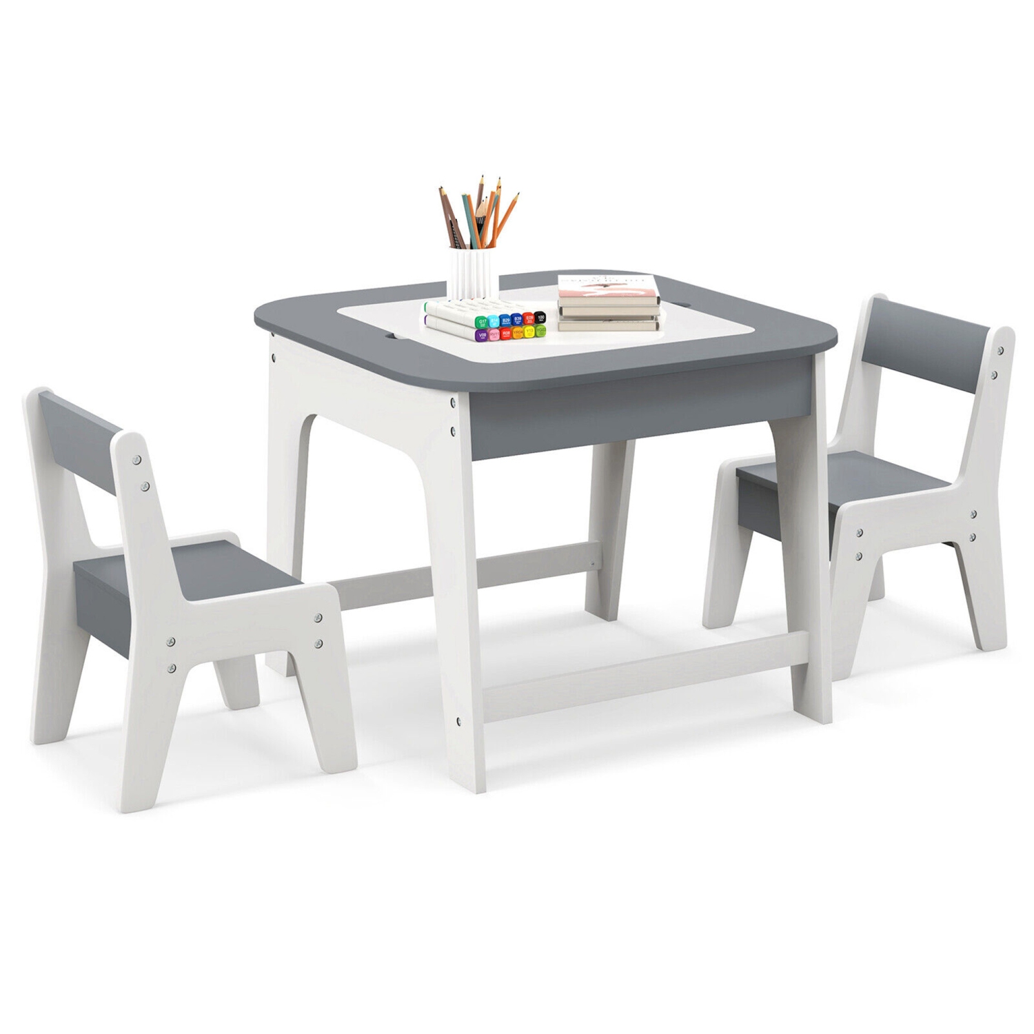 Gymax 3-in-1 Kids Wooden Table & 2 Chairs Set w/ Storage Detachable Blackboard Drawing