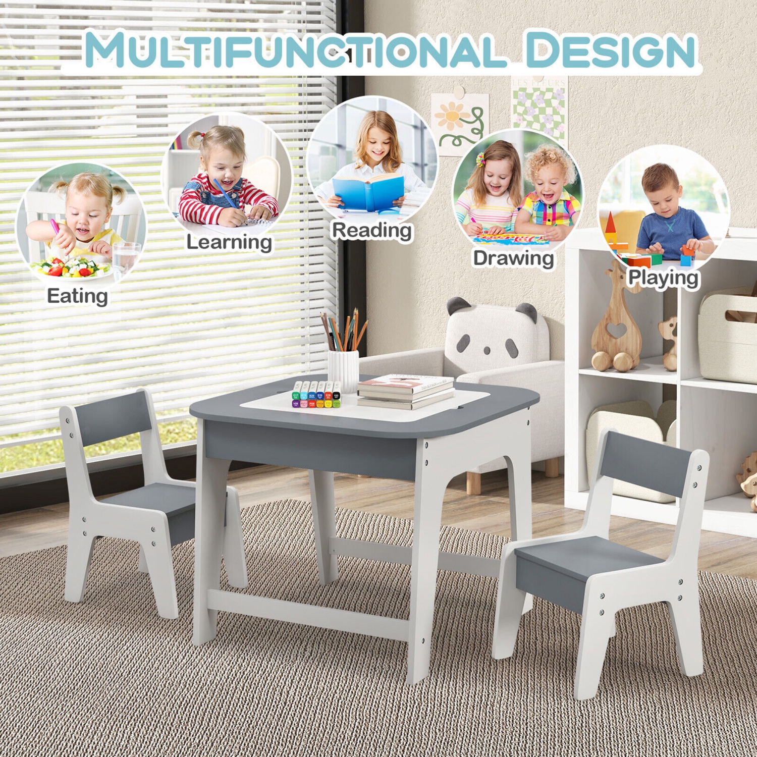 Gymax 3-in-1 Kids Wooden Table & 2 Chairs Set w/ Storage Detachable Blackboard Drawing