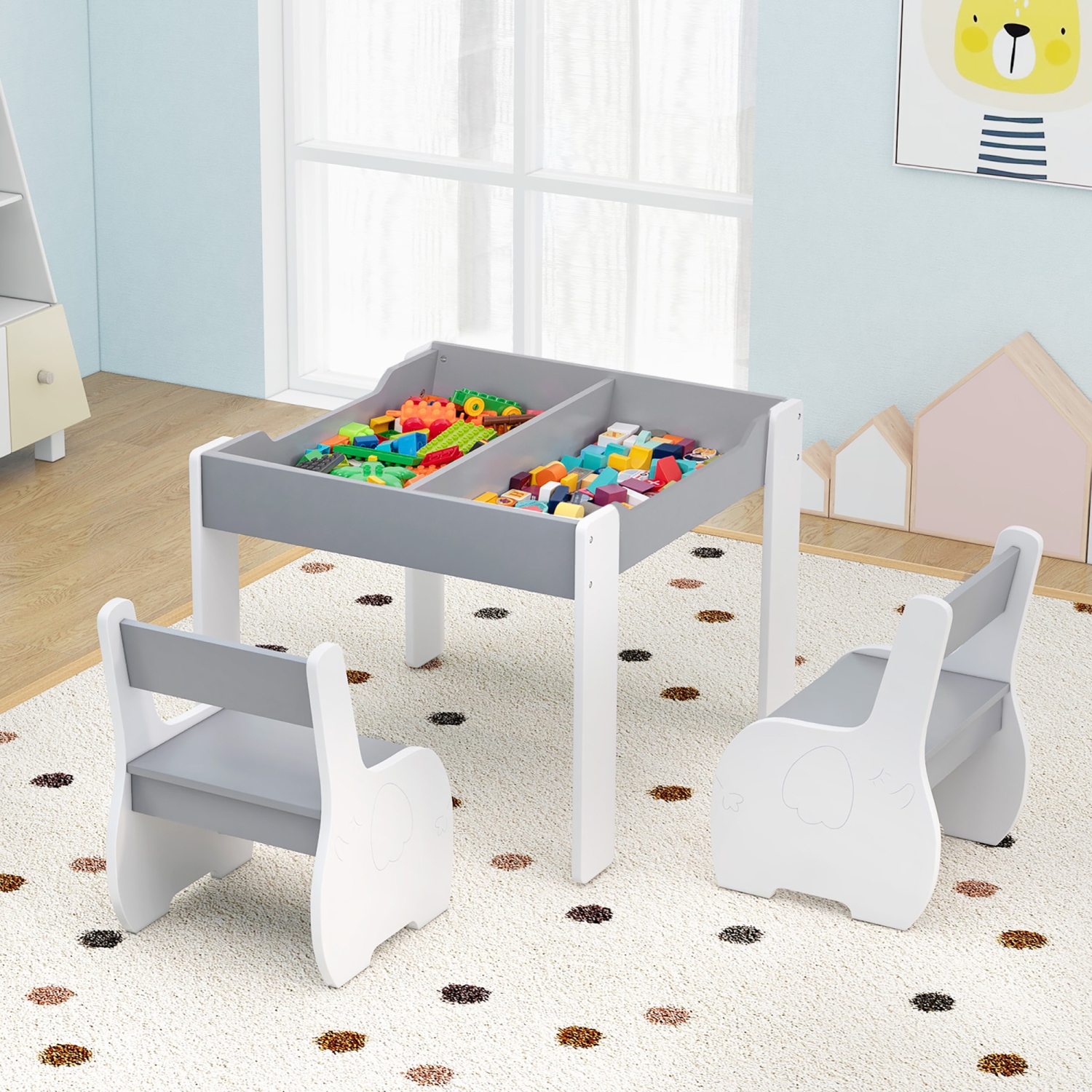 Gymax 4-in-1 Kids Wooden Table & 2 Chairs Set w/ Storage Detachable Blackboard Drawing