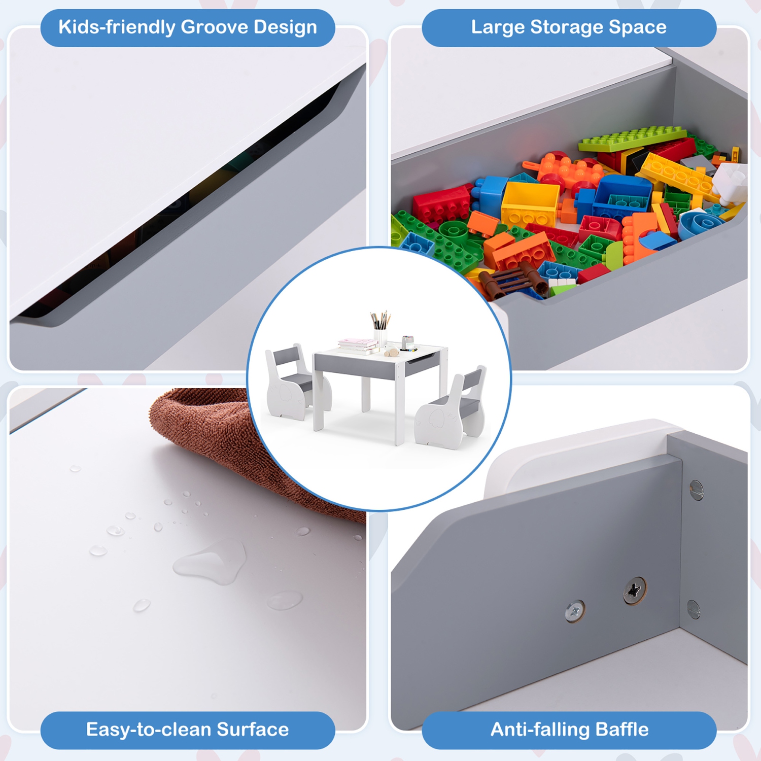 Gymax 4-in-1 Kids Wooden Table & 2 Chairs Set w/ Storage Detachable Blackboard Drawing