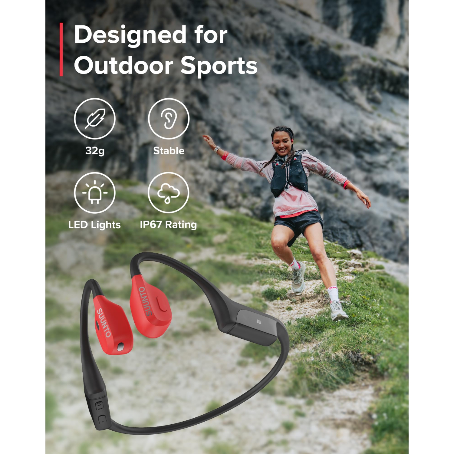 SUUNTO Wing Open-Ear Bone Conduction Bluetooth Wireless Sport Headphone with Charging Stand - Red