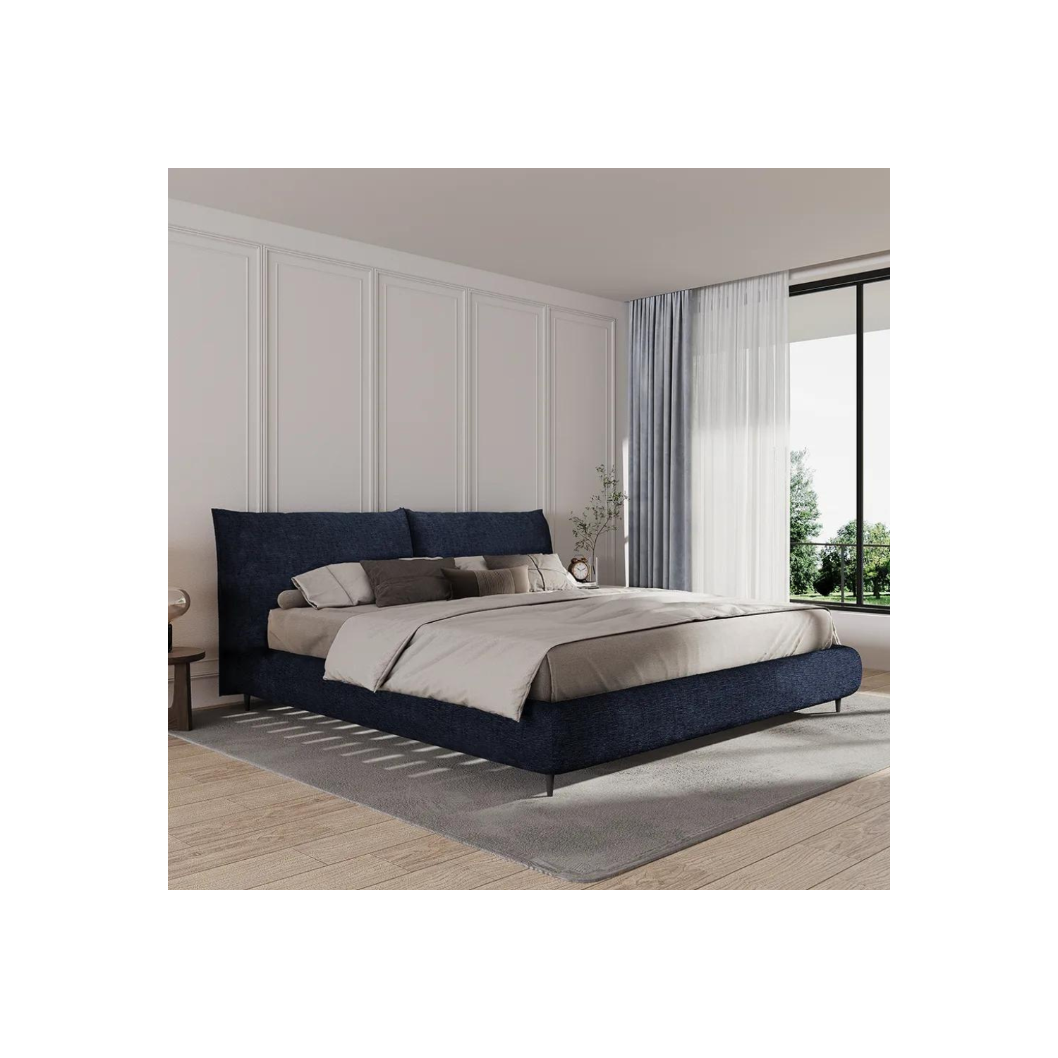 LivinVeluris Linen Upholstered Bed - Navy Blue