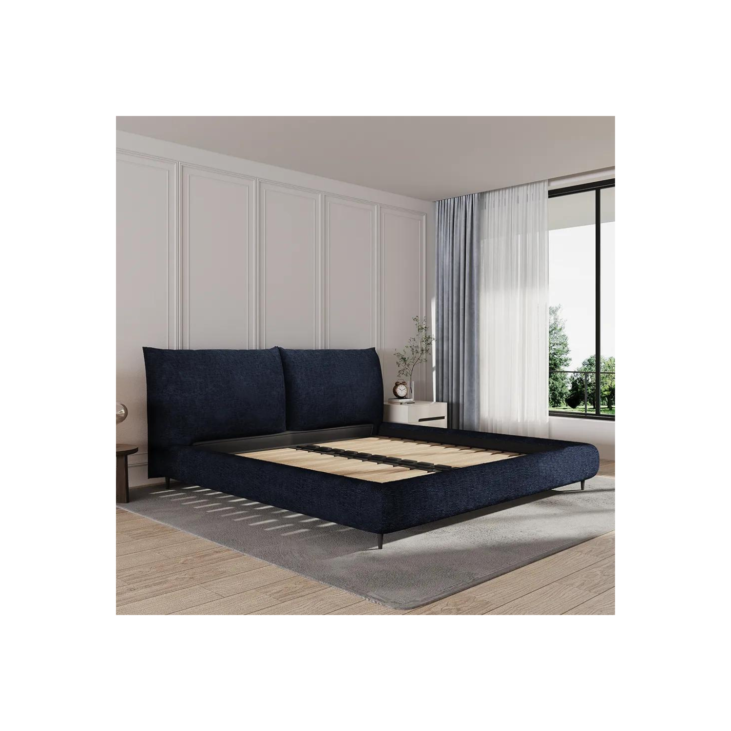LivinVeluris Linen Upholstered Bed - Navy Blue