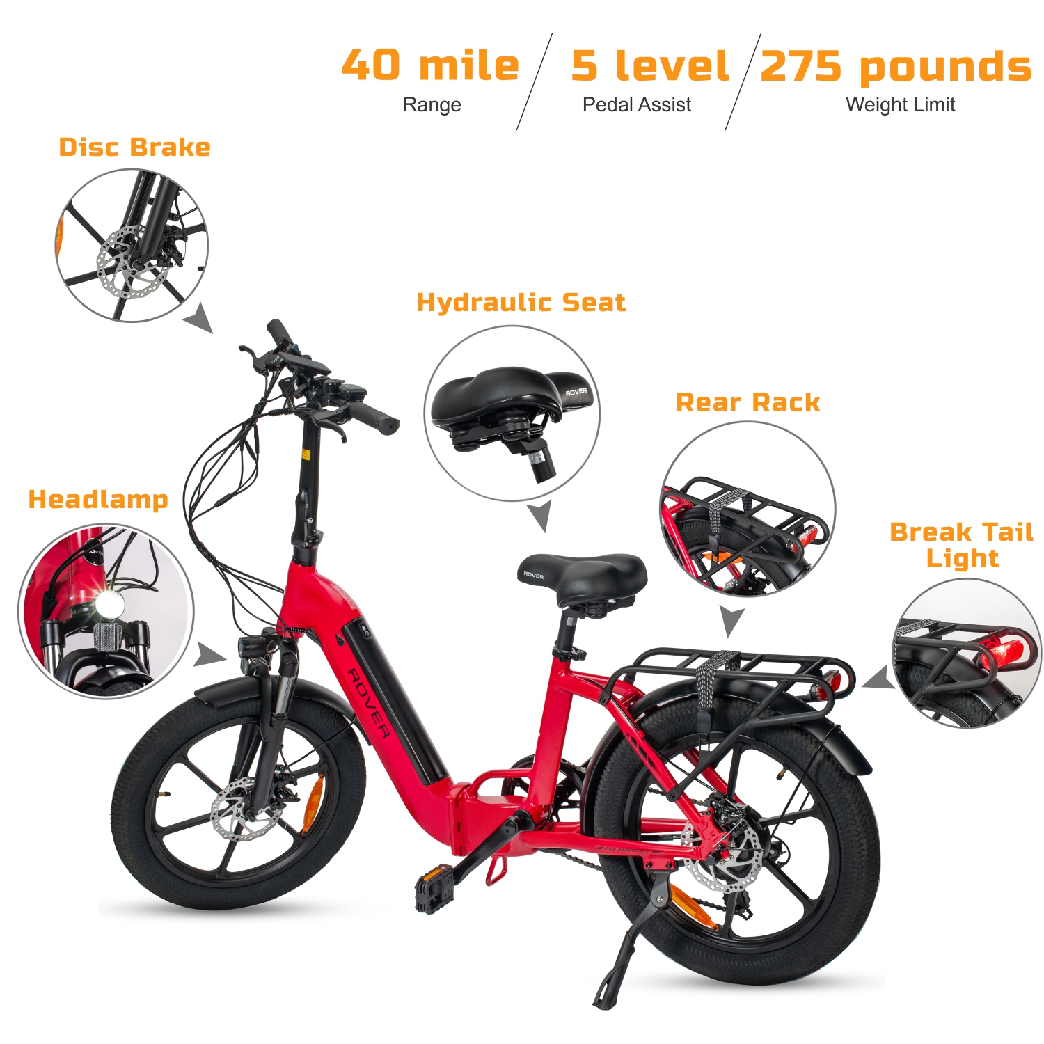 Rover By Land Rover 500-Watt Folding E-Bike with Pedal Assist-Red