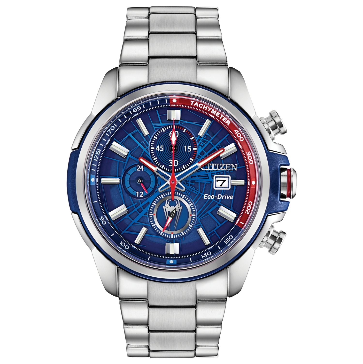 Marvel Mens Spider-Man Japanese Eco-Drive Watch 44mm Silver-Tone Stainless Steel with ABS Case Stainless Steel Bracelet with Blue Dial (CA0429-53W)