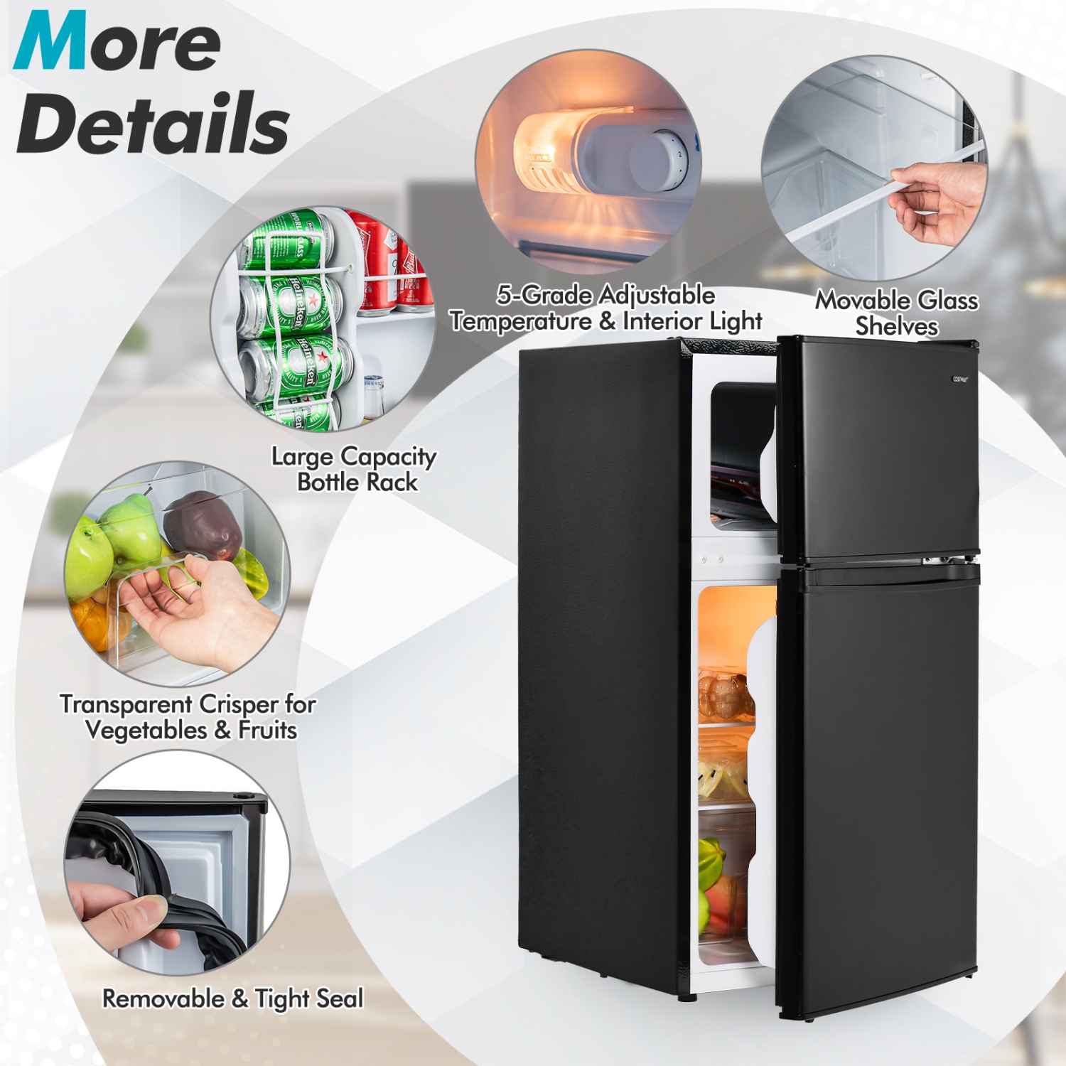 Costway 3.2 Cu.Ft Mini Refrigerator with Freezer Compact Fridge with 2 Reversible Door Black