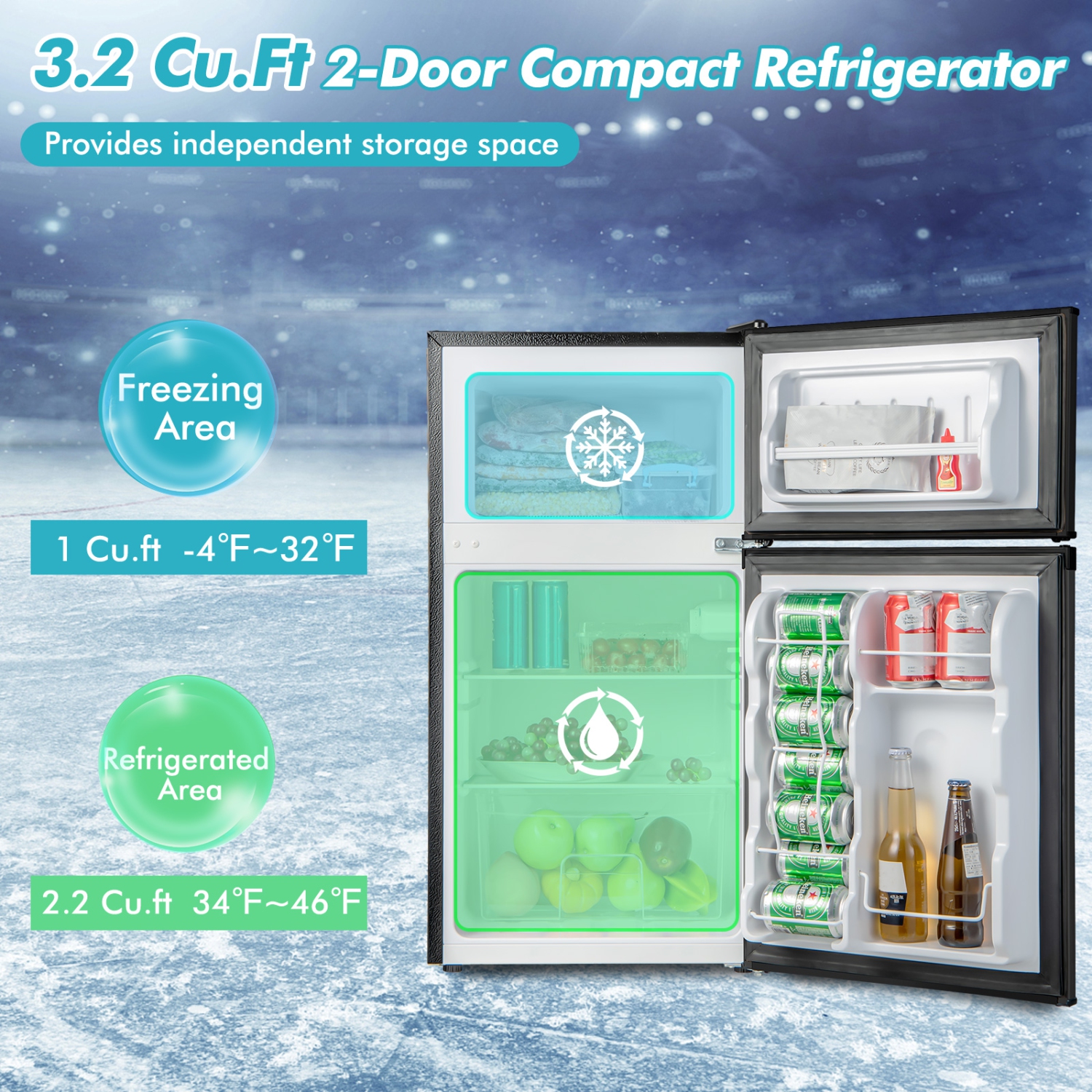 Costway 3.2 Cu.Ft Mini Refrigerator with Freezer Compact Fridge with 2 Reversible Door Black