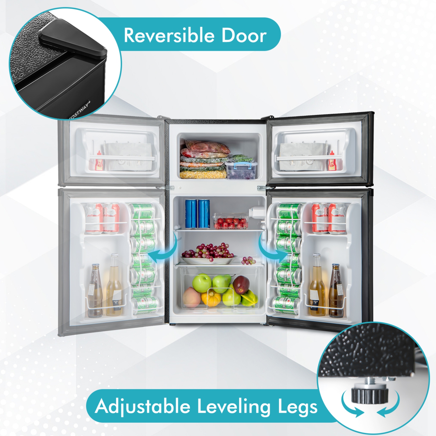 Costway 3.2 Cu.Ft Mini Refrigerator with Freezer Compact Fridge with 2 Reversible Door Black