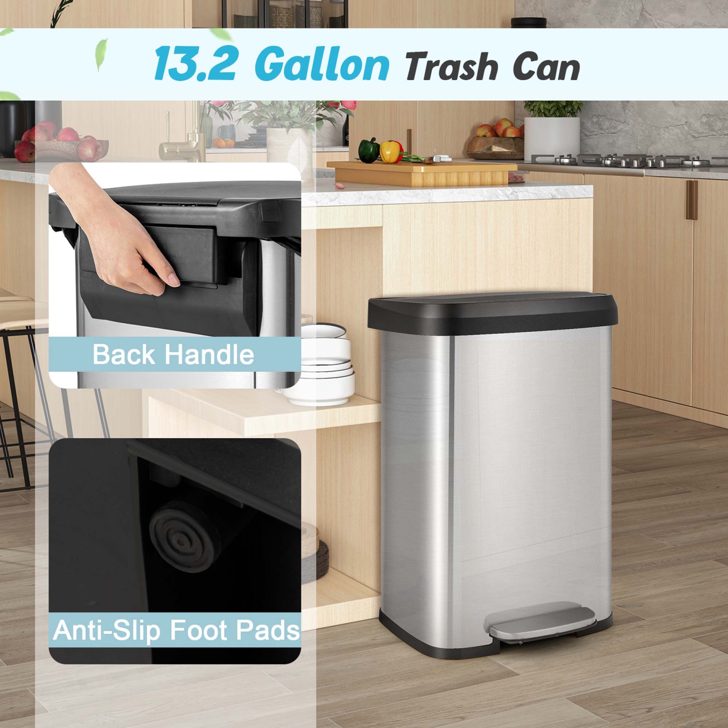 Costway 13.2 Gallon Step Trash Can Stainless Steel Airtight Garbage Bin for Home Kitchen