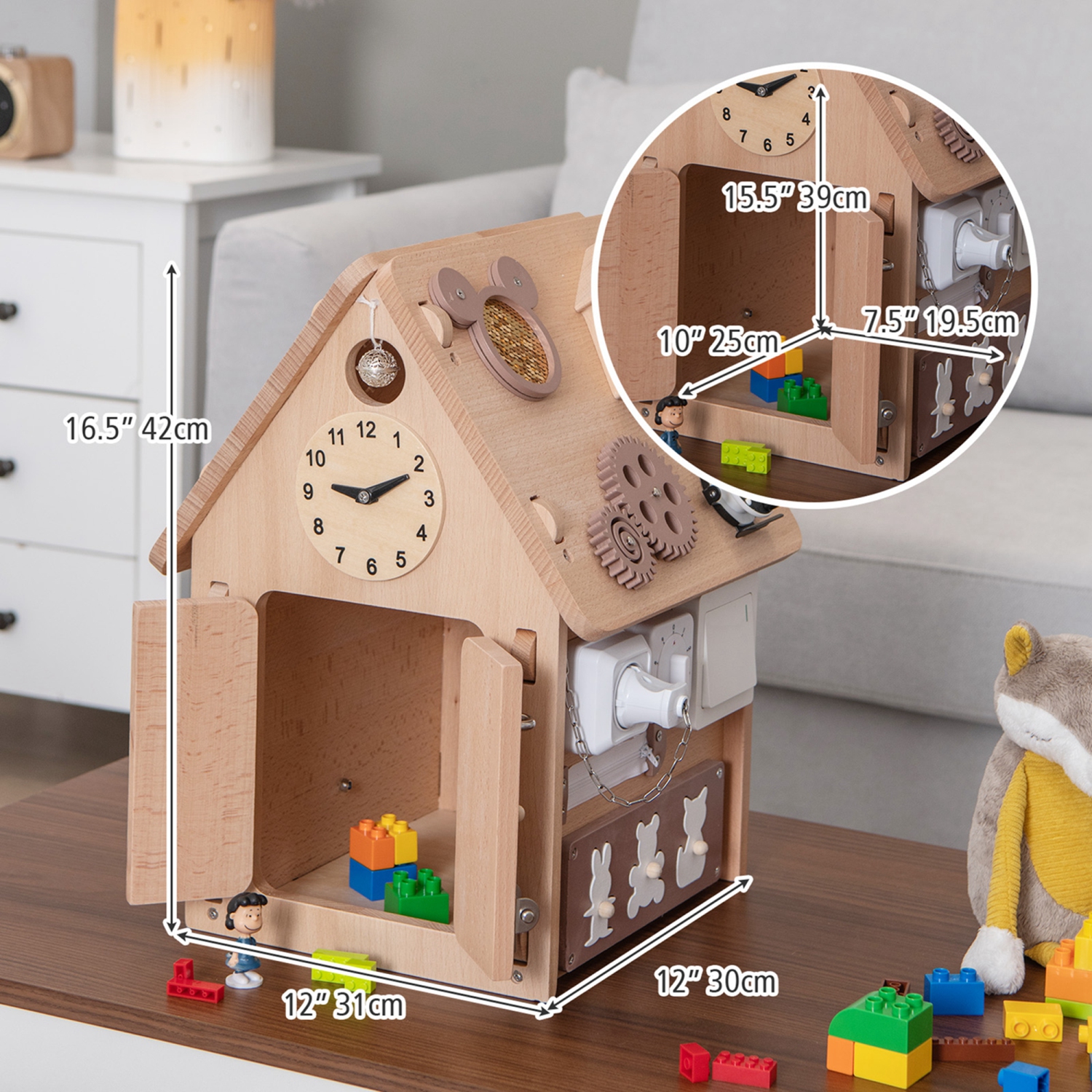 Costway Wooden Busy House Montessori Toy with Sensory Games & Interior Storage Space
