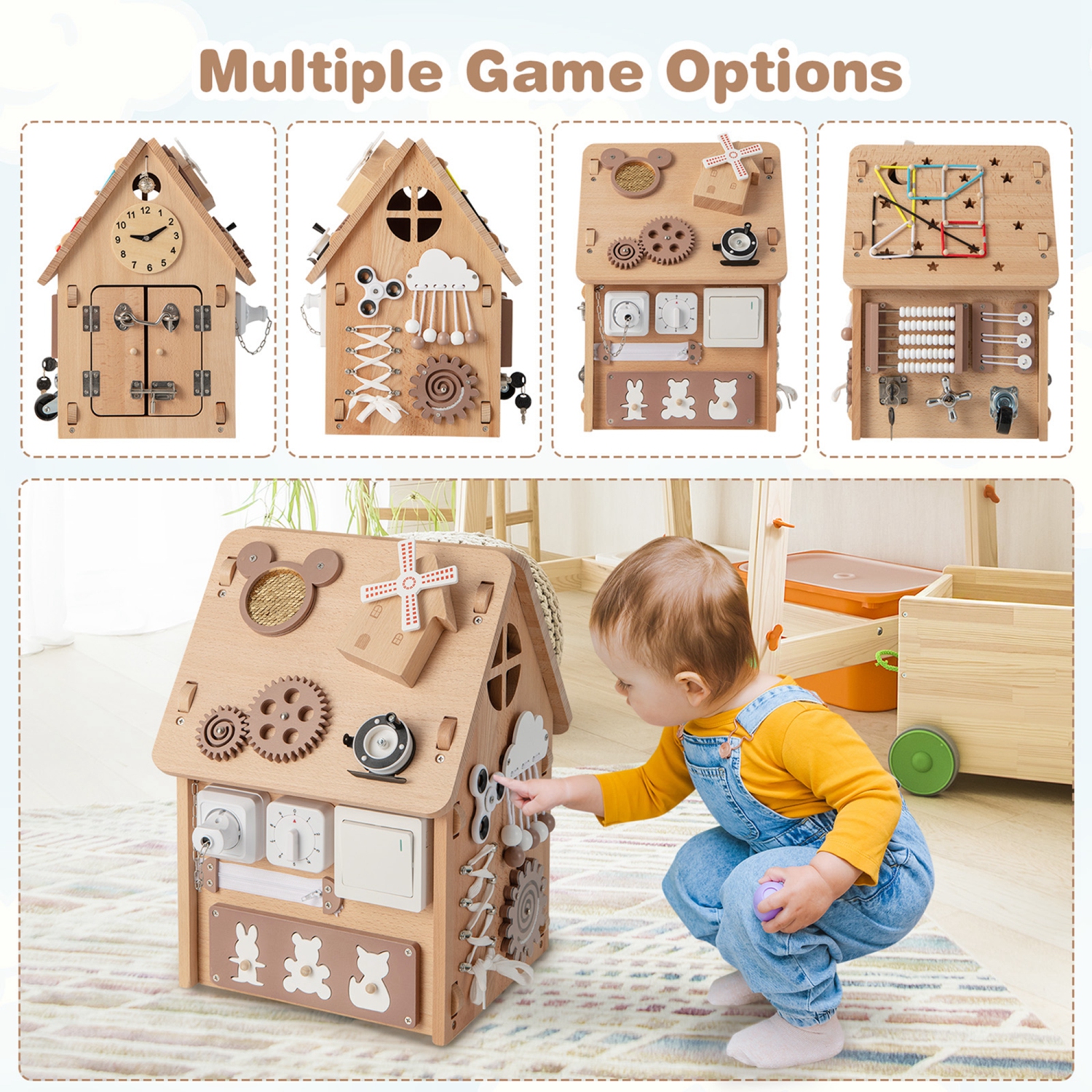 Costway Wooden Busy House Montessori Toy with Sensory Games & Interior Storage Space