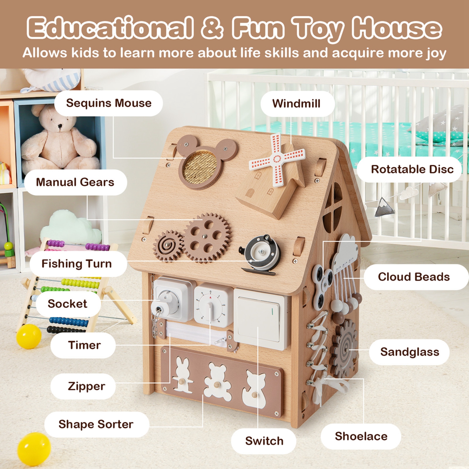 Costway Wooden Busy House Montessori Toy with Sensory Games & Interior Storage Space