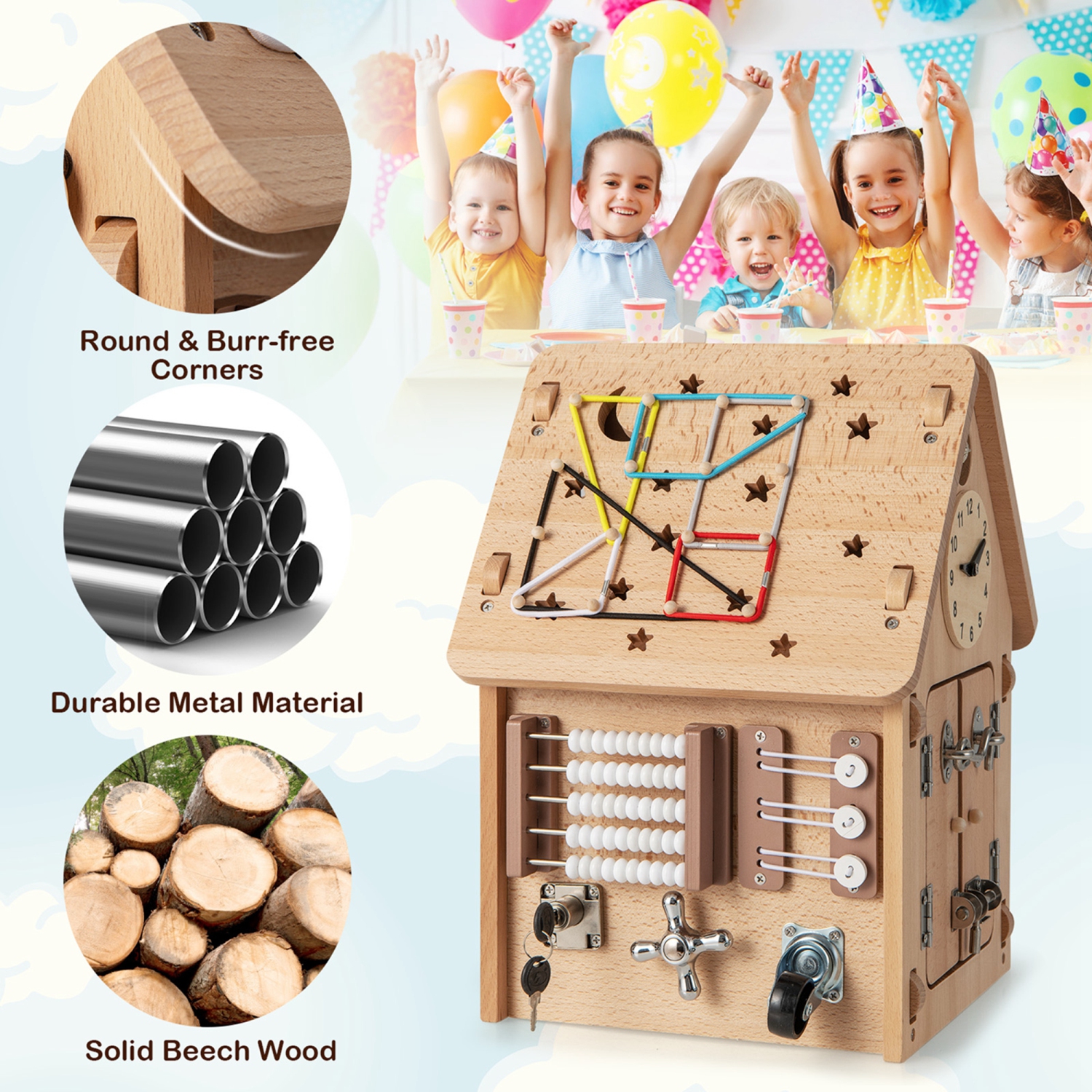 Costway Wooden Busy House Montessori Toy with Sensory Games & Interior Storage Space