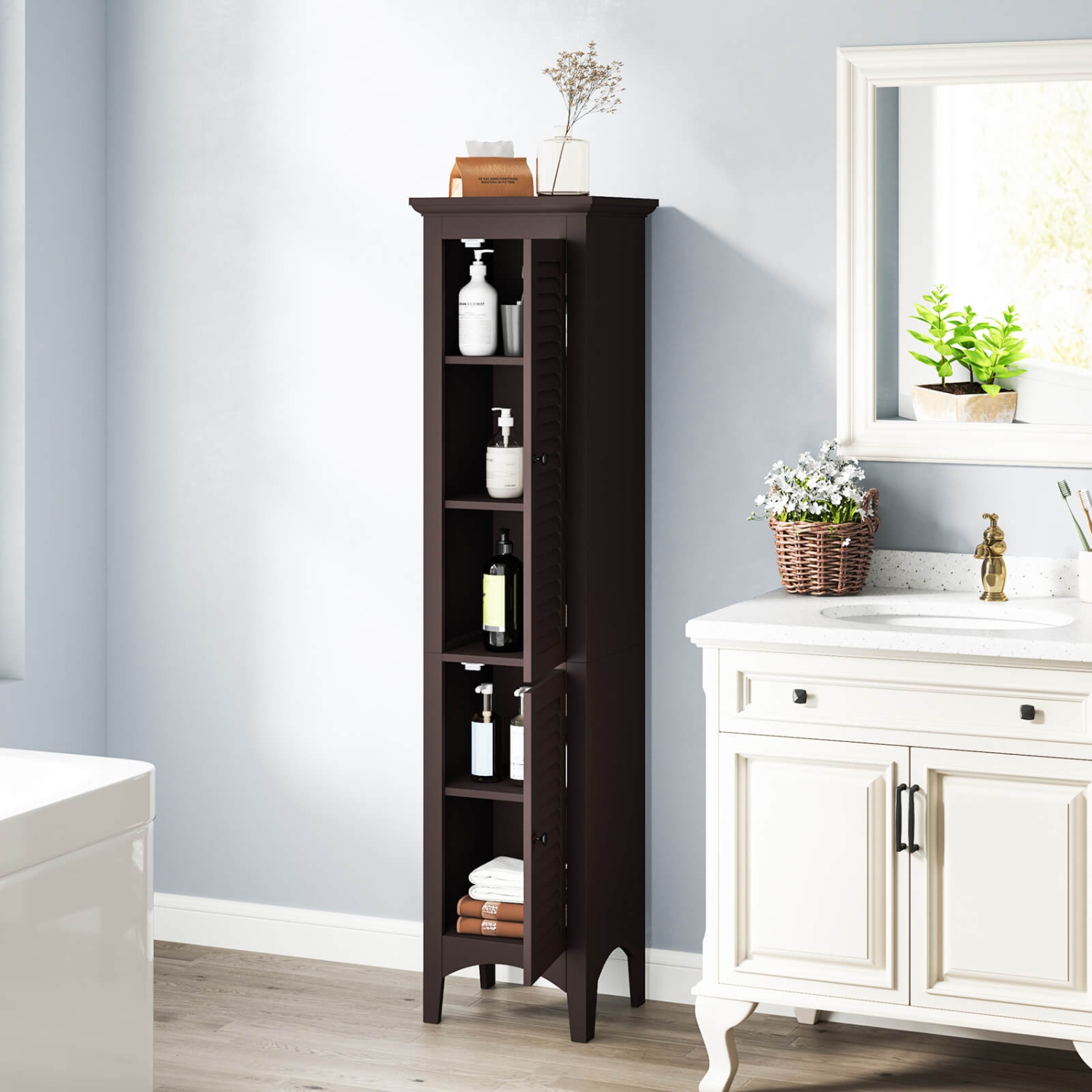 Costway Tall Bathroom Floor Cabinet Narrow Linen Tower with 2 Doors & Adjustable Shelf
