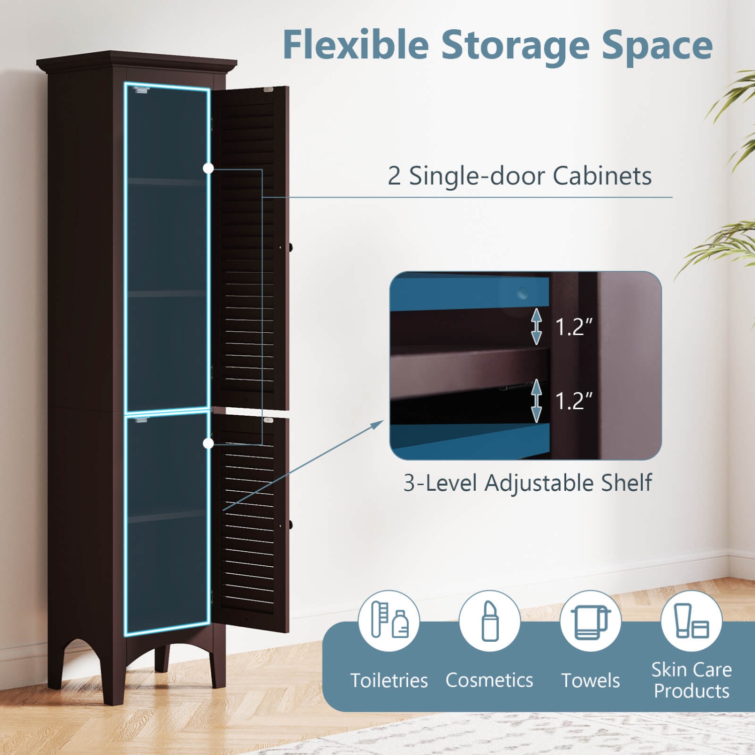 Costway Tall Bathroom Floor Cabinet Narrow Linen Tower with 2 Doors & Adjustable Shelf