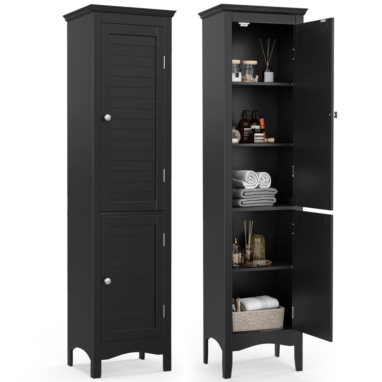 Costway Tall Bathroom Floor Cabinet Narrow Linen Tower with 2 Doors & Adjustable Shelf