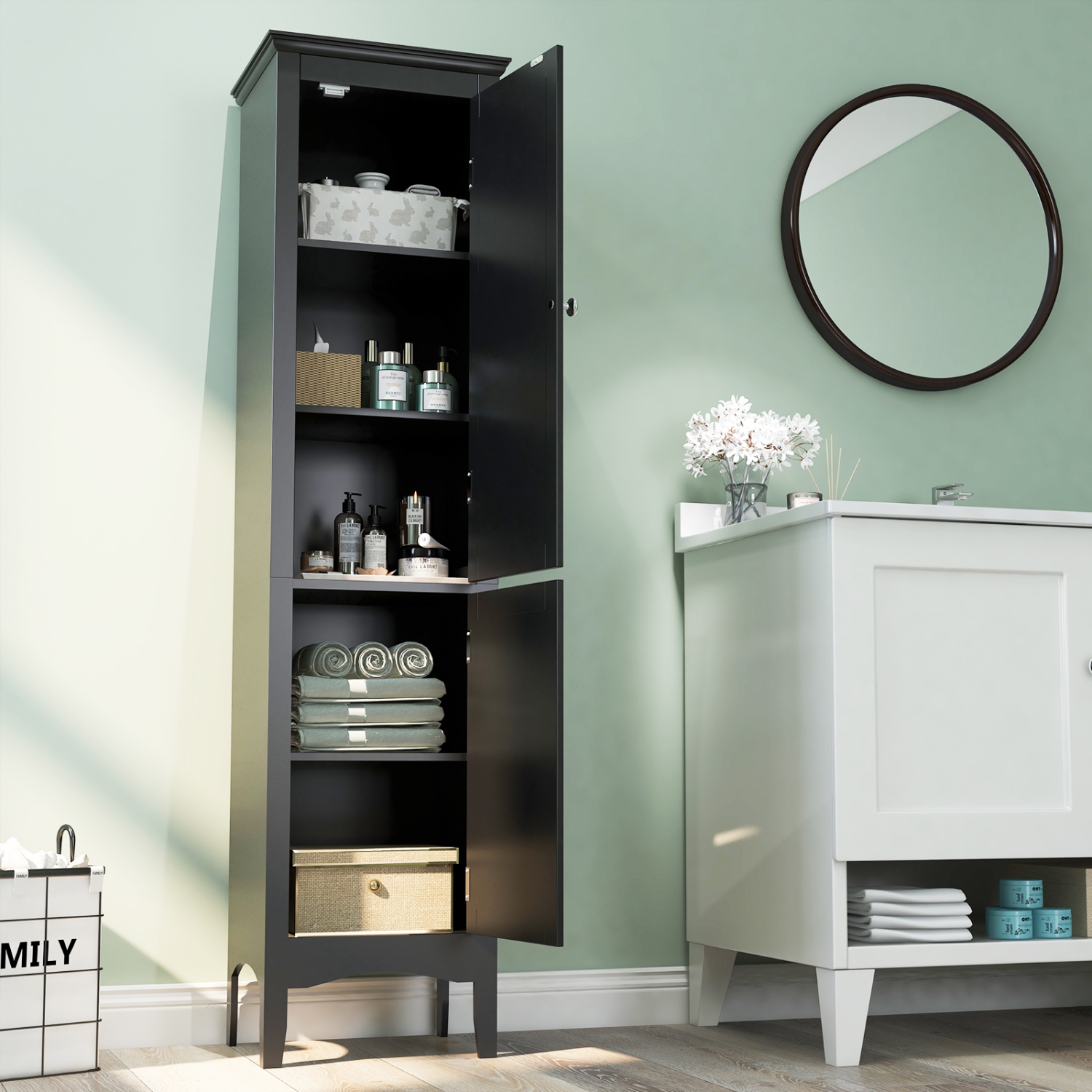 Costway Tall Bathroom Floor Cabinet Narrow Linen Tower with 2 Doors & Adjustable Shelf