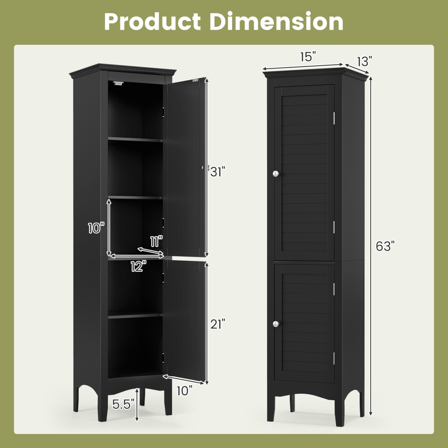 Costway Tall Bathroom Floor Cabinet Narrow Linen Tower with 2 Doors & Adjustable Shelf