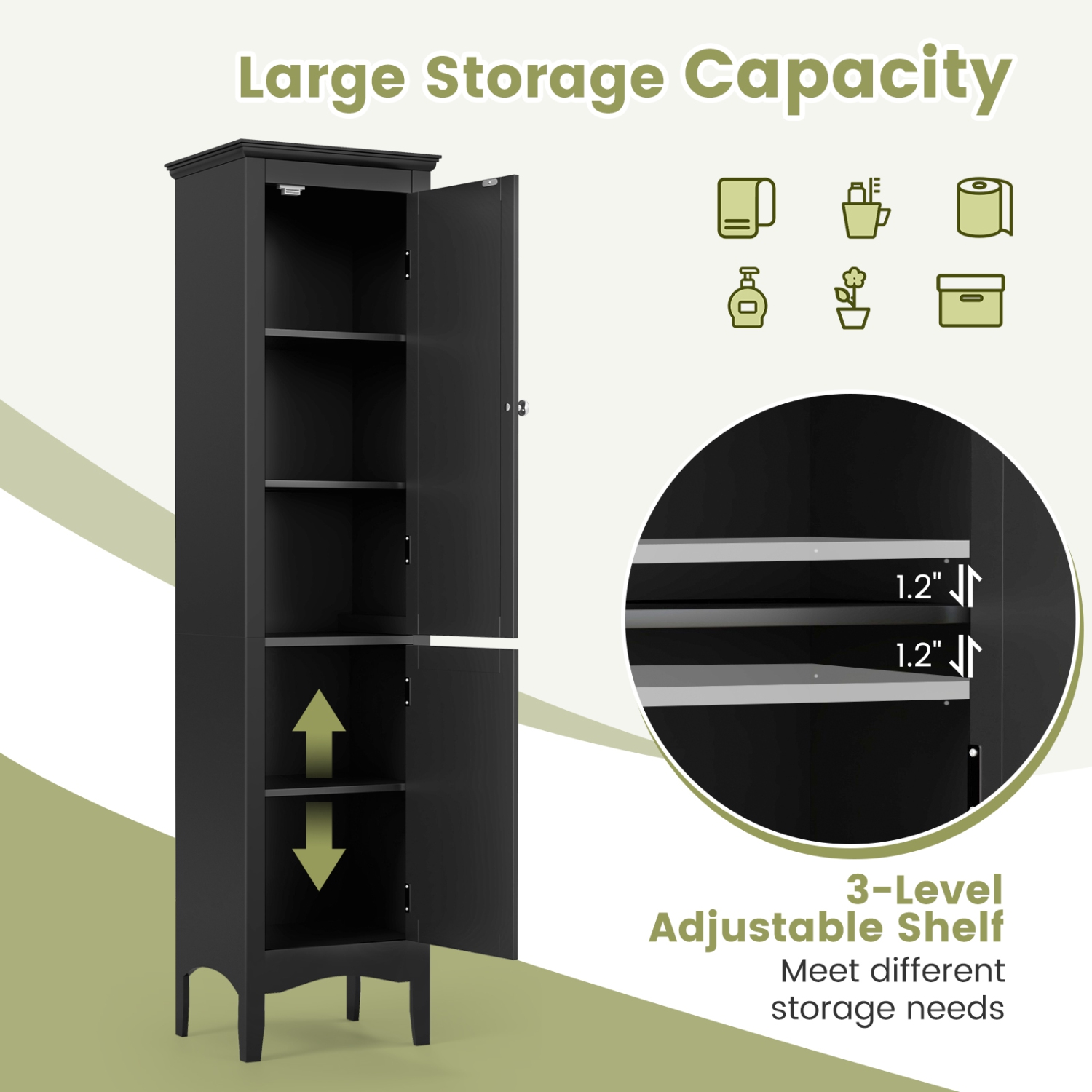 Costway Tall Bathroom Floor Cabinet Narrow Linen Tower with 2 Doors & Adjustable Shelf