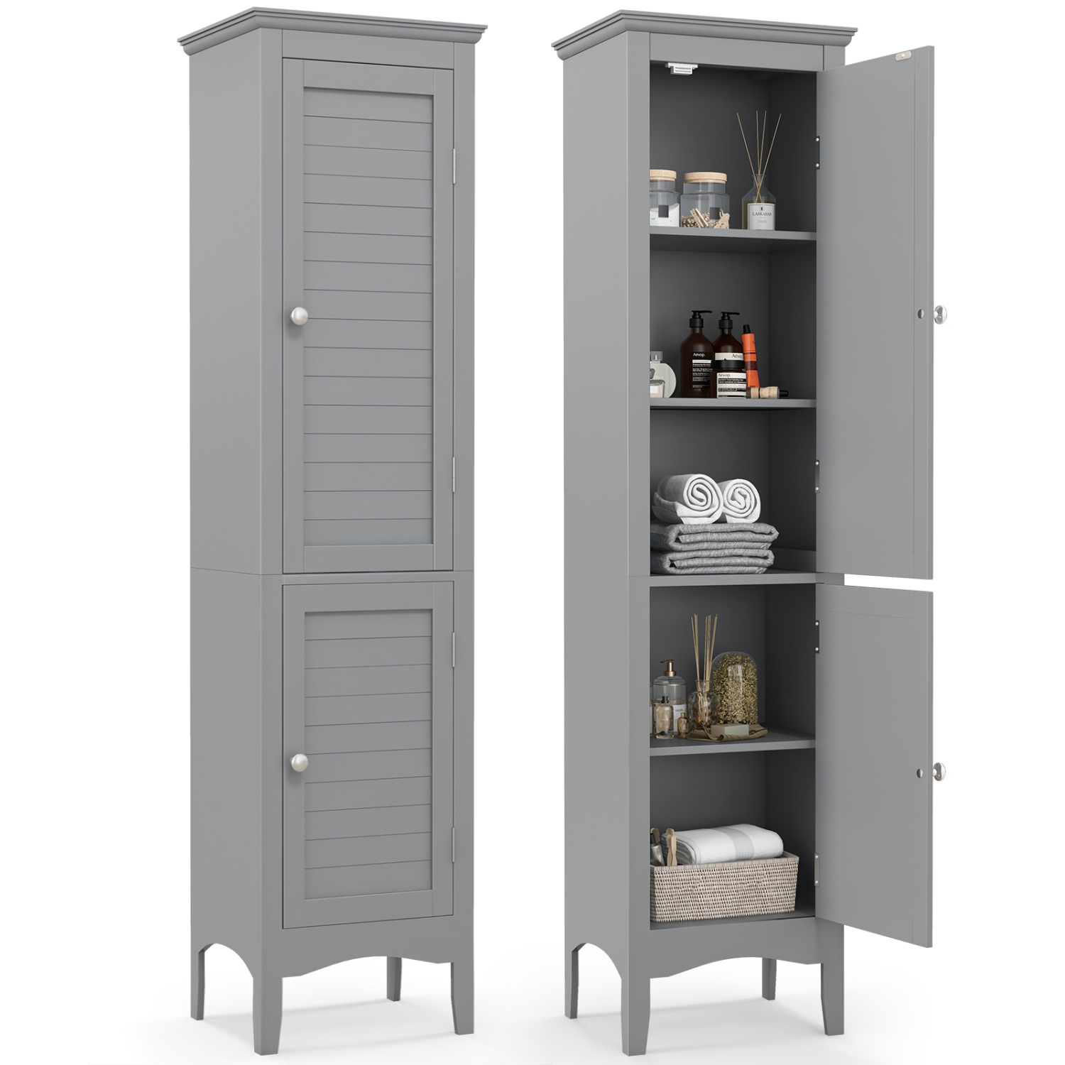 Costway Tall Bathroom Floor Cabinet Narrow Linen Tower with 2 Doors & Adjustable Shelf