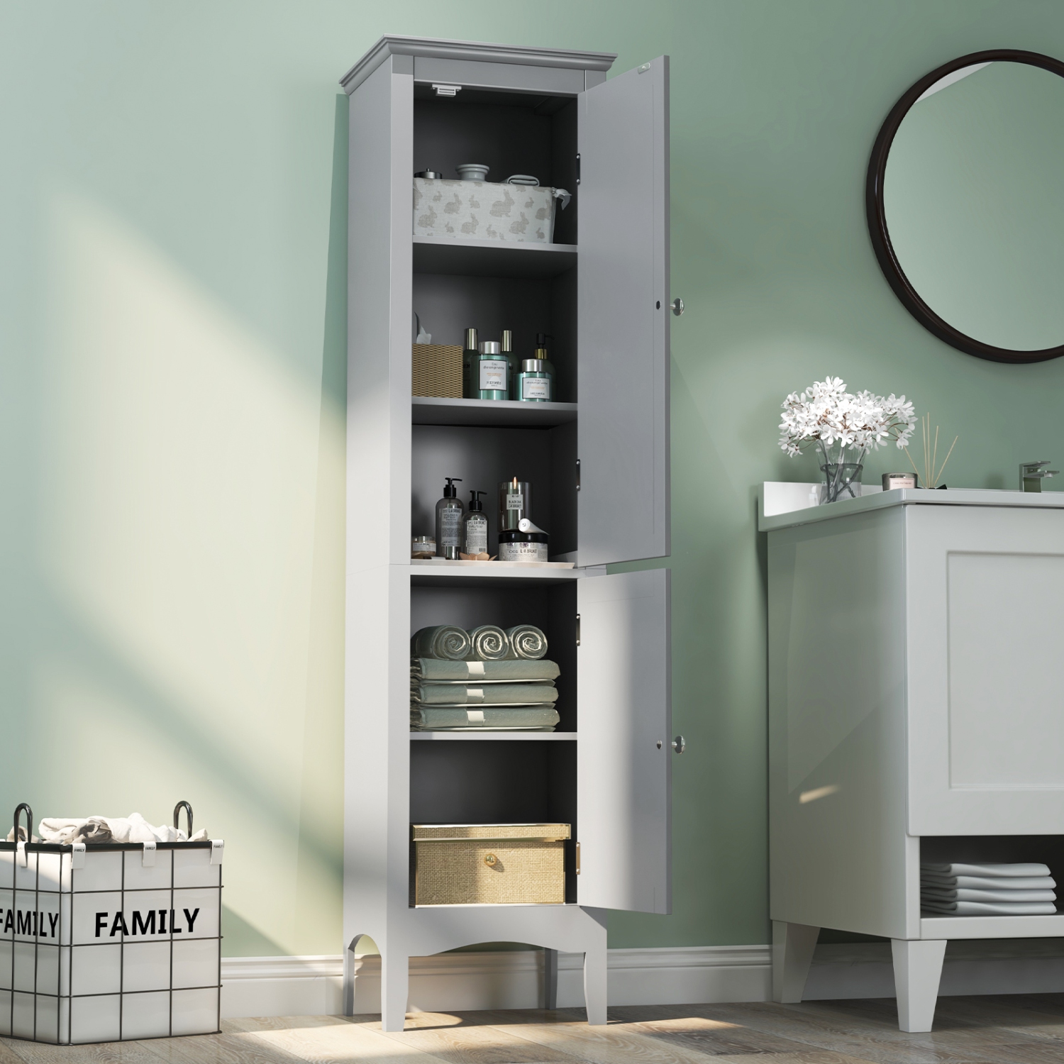 Costway Tall Bathroom Floor Cabinet Narrow Linen Tower with 2 Doors & Adjustable Shelf