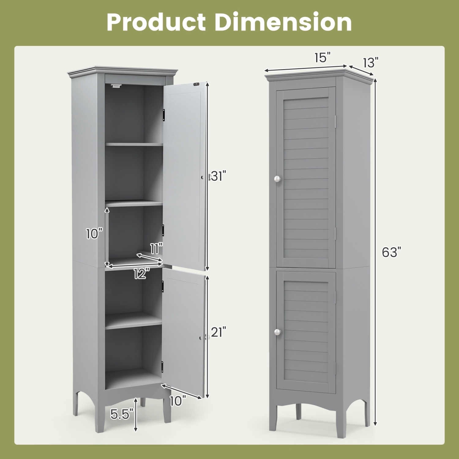 Costway Tall Bathroom Floor Cabinet Narrow Linen Tower with 2 Doors & Adjustable Shelf