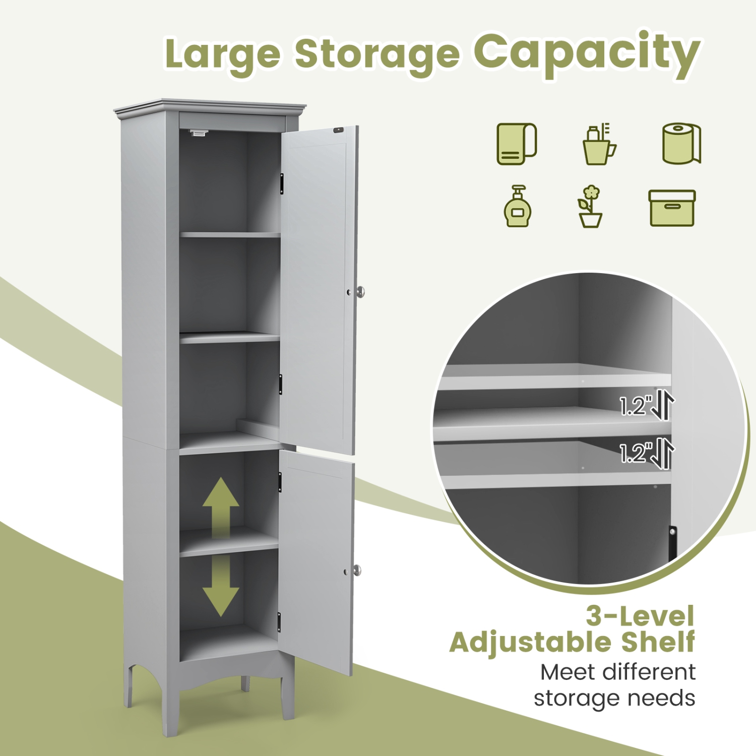 Costway Tall Bathroom Floor Cabinet Narrow Linen Tower with 2 Doors & Adjustable Shelf