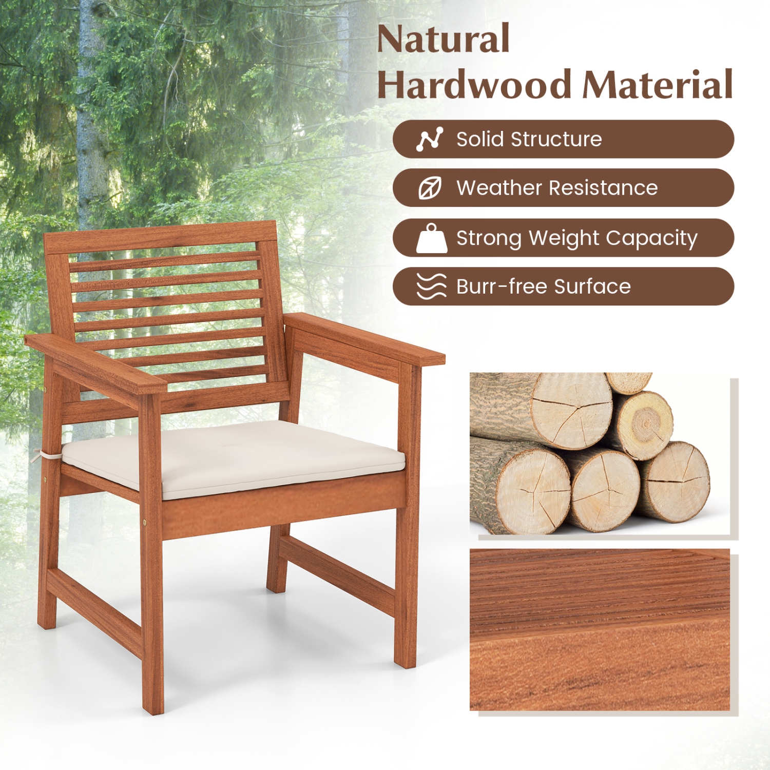 Costway Set of 2 Outdoor Dining Chair Patio Solid Wood Chairs with Comfortable Cushions