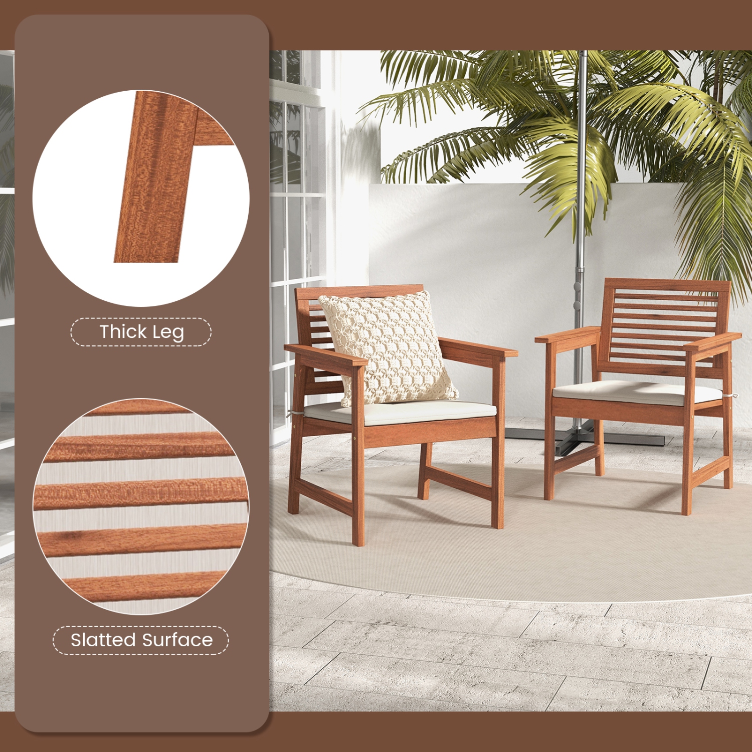 Costway Set of 2 Outdoor Dining Chair Patio Solid Wood Chairs with Comfortable Cushions