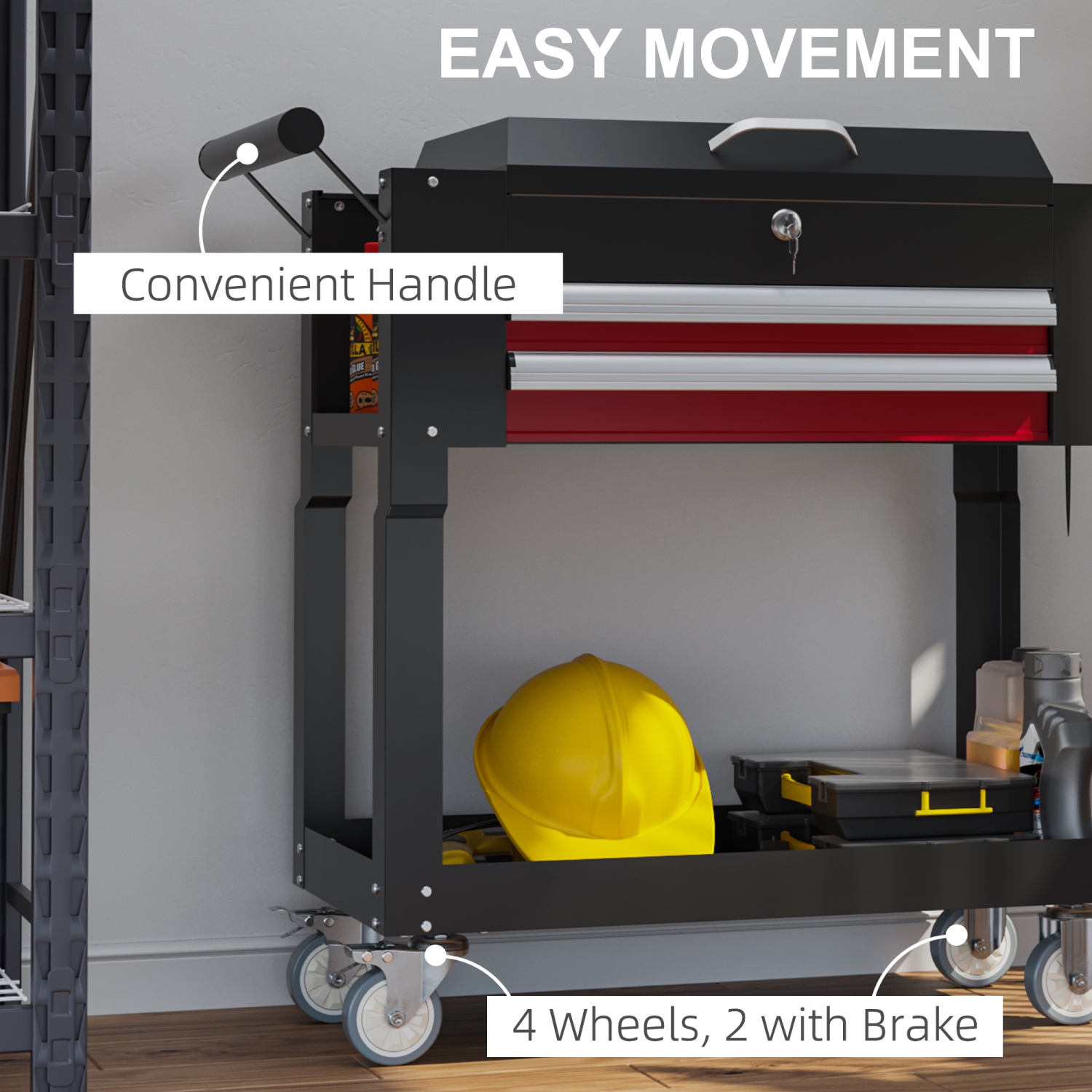 HOMCOM Rolling Tool Cart with Wheels, 330 LBS Capacity Steel Heavy Duty Cart with 2 Drawers, Tray, Lockable Tool Chest with Flip Top for Garage,
