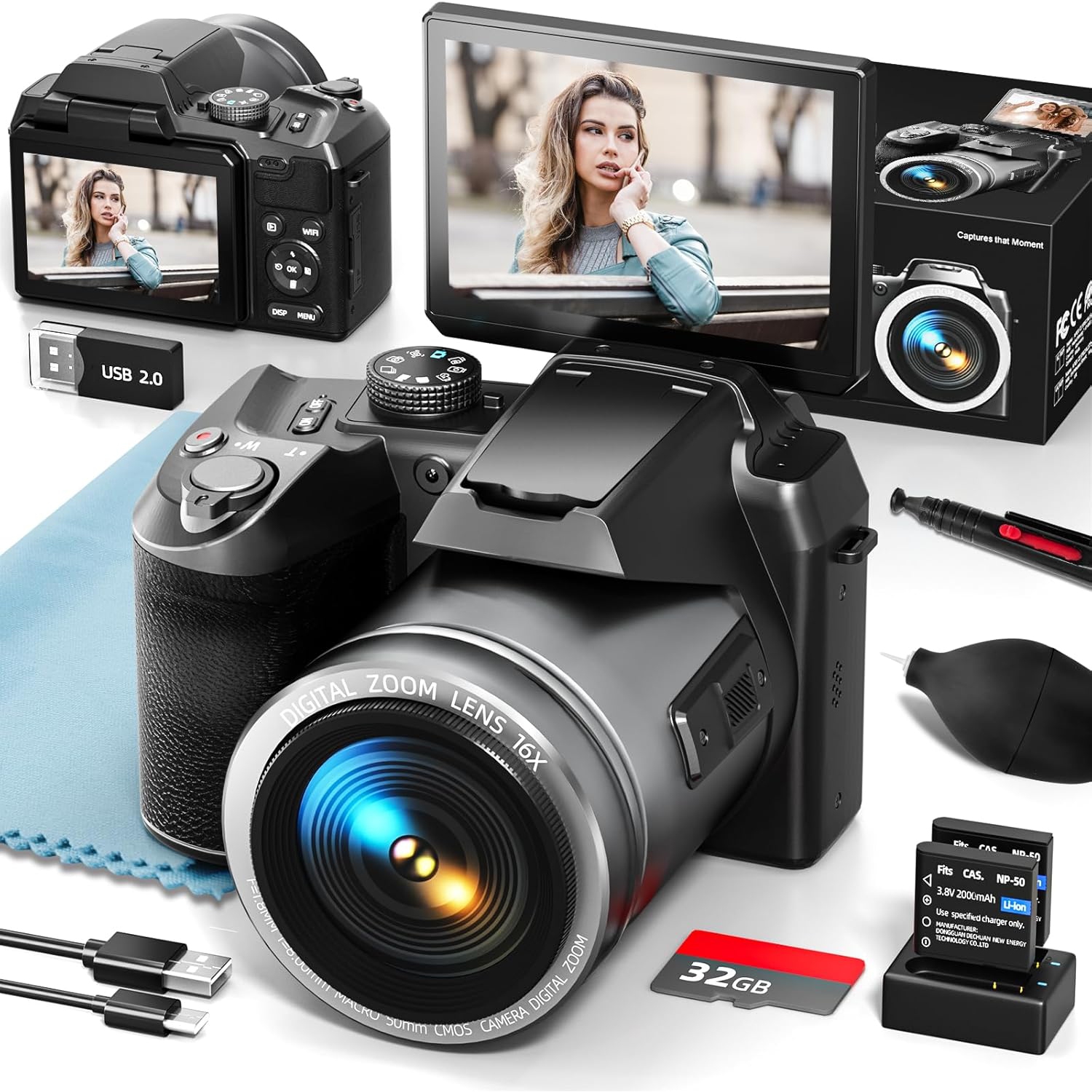 64MP 5K Digital Camera for Photography, Vlogging Cameras for YouTube with 3'' Flip Screen,16X Digital Zoom, with WiFi & App Control, Flash,SD Card, 2