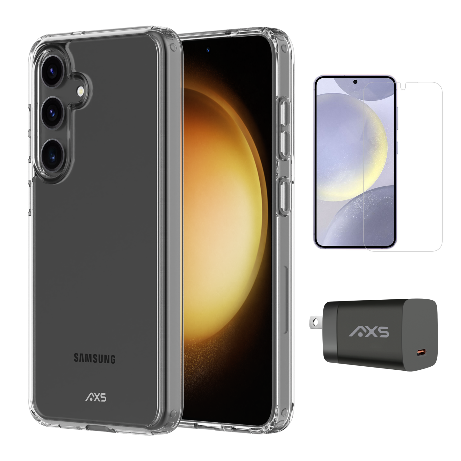AXS Starter Kit bundle with Ultra Clear Case, Screen Protector and 30W Charger for Samsung Galaxy S24+
