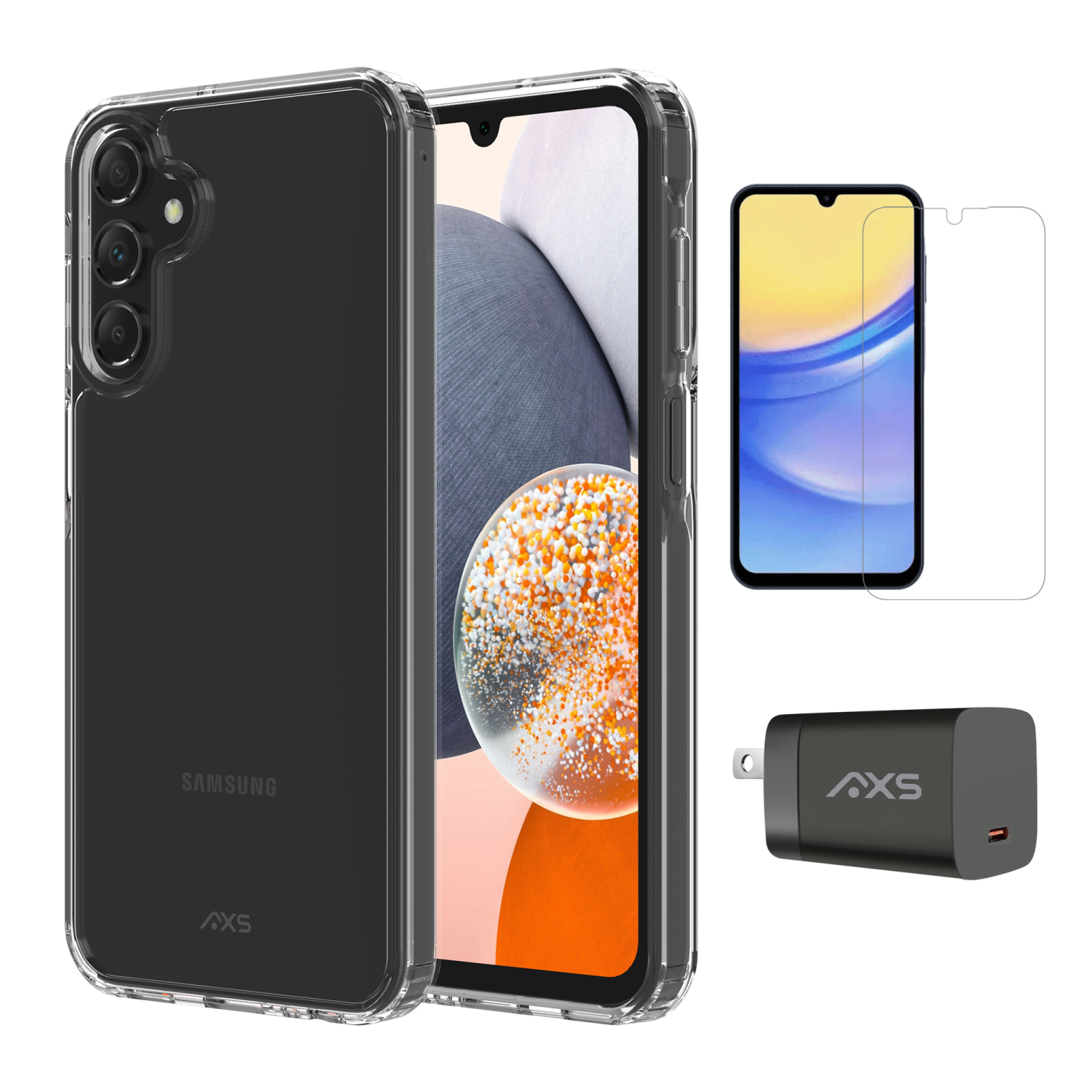 AXS Starter Kit bundle with Ultra Clear Case, Screen Protector and 30W Charger for Samsung Galaxy A15